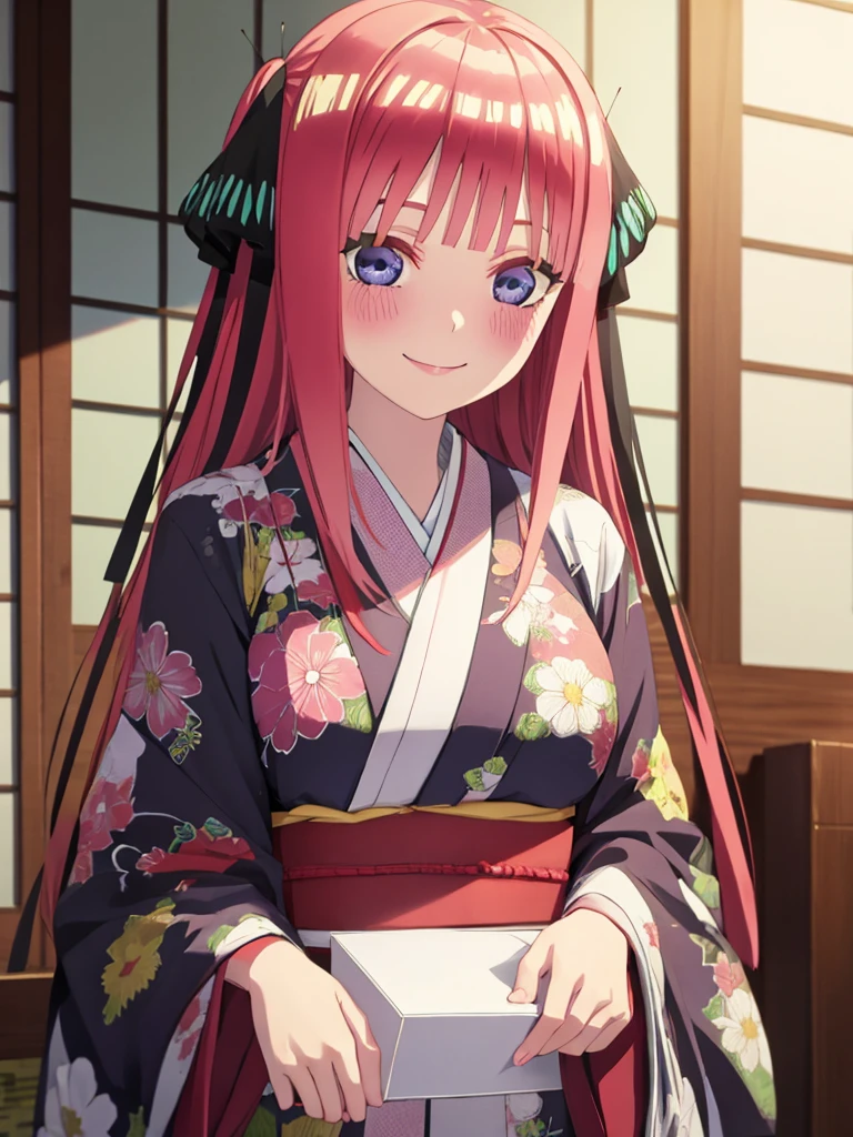 best quality, ultra-detailed masterpiece, nino nakano, blush, smile, kimono, kyoto