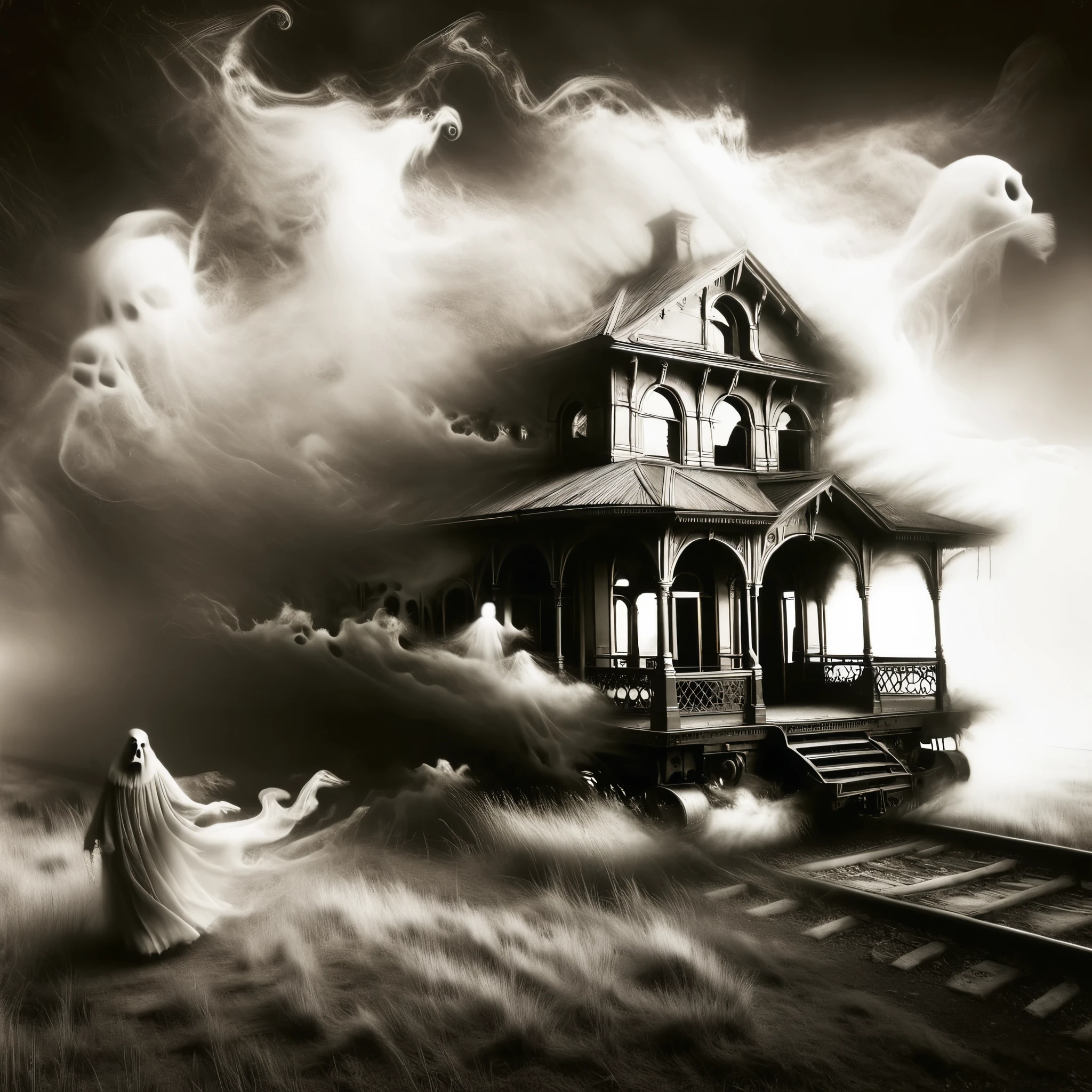 A haunting, sepia-toned photograph of an abandoned, Victorian-era train station, with ghostly figures in period clothing fading in and out of view. The image conveys a sense of time's passage and the lingering presence of the past.