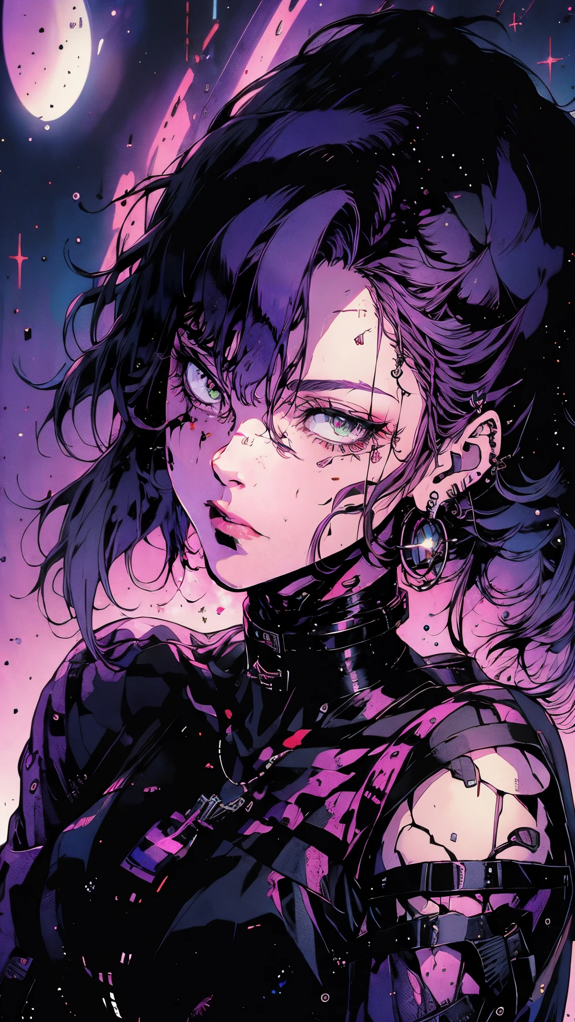 A person with purple hair and a black shirt in close-up, anime atmosphere, 80s anime vibe, otherworldly artistic style, trends in deviant art, anime aesthetics, a girl in space, gothic aesthetics, highly aesthetic!!!!!!!!!!!!!!!, 90s anime aesthetics, goth girl aesthetics, neoartcore and Charlie Bowater, cyber universe style of art.
(best quality, 4k, 8k, highres, masterpiece:1.2), ultra-detailed, (realistic, photorealistic, photo-realistic:1.37), HDR, UHD, studio lighting, ultra-fine painting, sharp focus, physically-based rendering, extreme detail description, professional, vivid colors, bokeh.
portraits, landscape, horror, anime, sci-fi, photography, concept artists.
purple tones, vibrant colors, unique color palettes.
ambient lighting, dramatic lighting effects, surreal lighting.