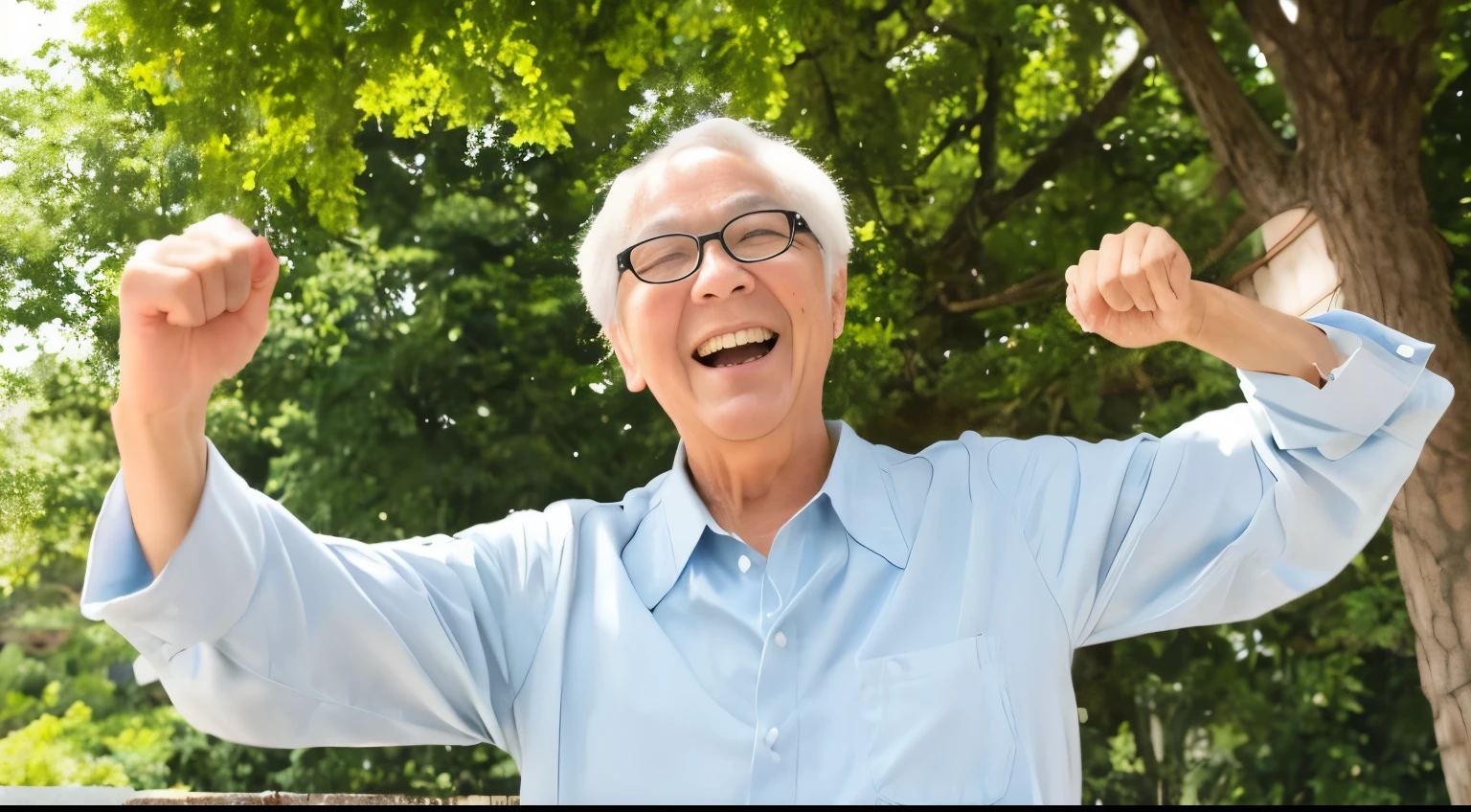 Japanese、elder、One man、Wearing glasses、Looking at me、smile、Laugh a lot、happy、Shouting with joy、In the sky、whole body