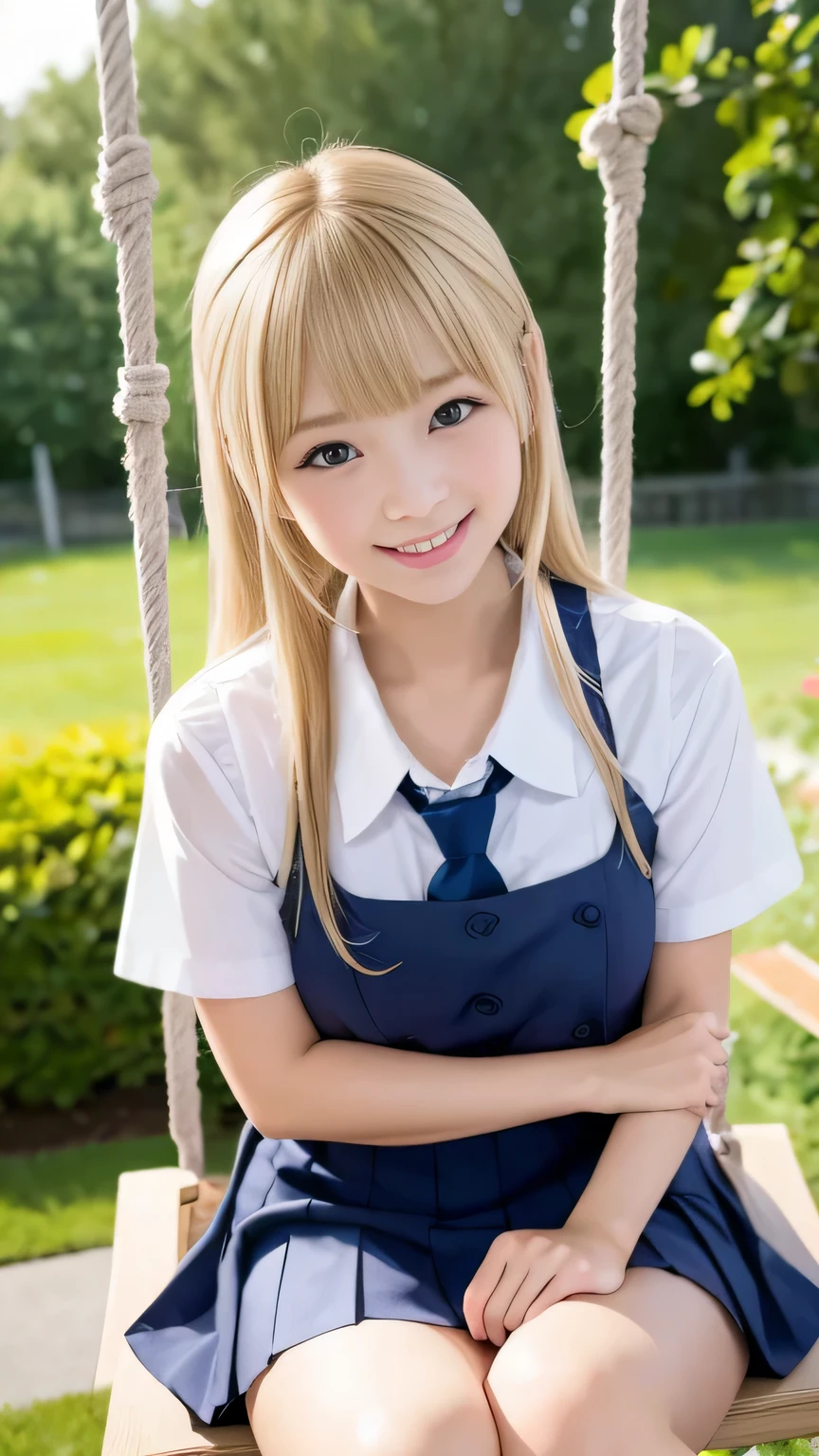 Browsing Caution、8k,highest quality, masterpiece, Very detailed, Ultra-high resolution, Realistic, RAW Photos, , Absolute Resolution, Complete limbs、Complete Anatomy、Perfect beautiful skin、pretty girl1人,pretty girl 、、(smile:1.2)、ta Girl、(School Uniform:1.3)、(Short sleeve white collar shirt:1.1)、 、、Micro Mini Skirt、、Accentuate your thighs、、、(blonde:1.2)、、、pretty girl、 , Realistic young gravure idol, Japanese Girls、、alone、Riding on a swing、(garden:1.2)、