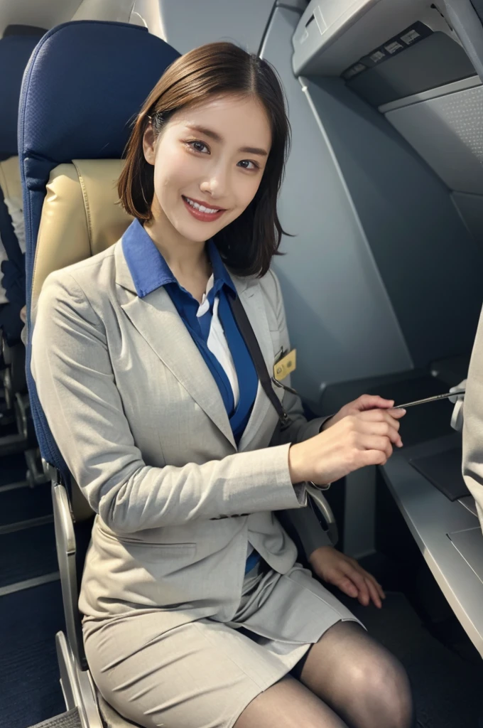  (8K, best quality, masterpiece:1.2), (realistic, photo-realistic:1.37), (high color saturation:1.0),  (highly detailed skin), (highest quality:1.0), (ultra high resolution:1.0) ,(realistic:1.0), (Super detailed:1.0), (8K, Raw photo:1.1)、random pose, smiling, natural breast, perfect lighting, 3girls, 24years old, (mysterious), clear and detailed, ((ANA_Cabin Crew, blue flight attendant_uniform)), beige pantyhose, (aircraft, aircraft seats), cute face, sitting seat, show me panties,