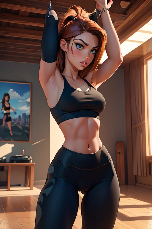 Masterpiece, raw, beautiful art, professional artist, 8k, very detailed face, very detailed hair, 1girl, Kim Possible, wearing tight yoga shorts and sports bra, no labels, no branding, cameltoe, exercising, stretching, yoga poses, perfectly drawn body, beautiful face, long hair, very detailed eyes, biting her lip suggestively, rosey cheeks, intricate details in eyes, puckered lips, perfect fit body, wide hips, small waist, thick thighs, firm abs, beautiful body, extremely detailed, intricate details, highly detailed, sharp focus, detailed skin, realistic skin texture, texture, detailed eyes, high resolution, kodak vision color, foto_\(ultra\), post-processing, maximum detail, roughness, real life, ultra realistic, photorealism, photography, absurdres, RAW photo, highest quality, high detail RAW color photo, professional photo, extremely detailed UHD 8k wallpaper unit, best quality, highres, (masterpiece, top quality, high resolution:1.4), photo, cinematic, film grain, sharp, soft natural light, magic photography, super detailed