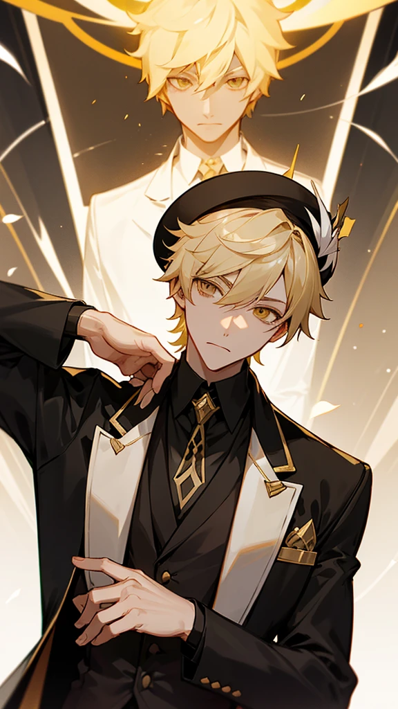 Aether from Genshin Impact as a hitman. Short blonde Hair. Golden Eyes. 1boy. Elegant Hat.