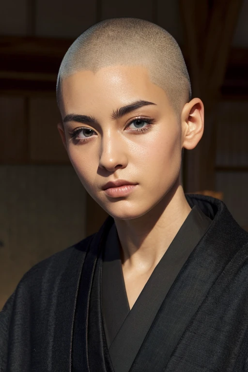 Monk with beautiful eyes with shaved head, black robe, old Japan, ((highest quality)), (illustration)