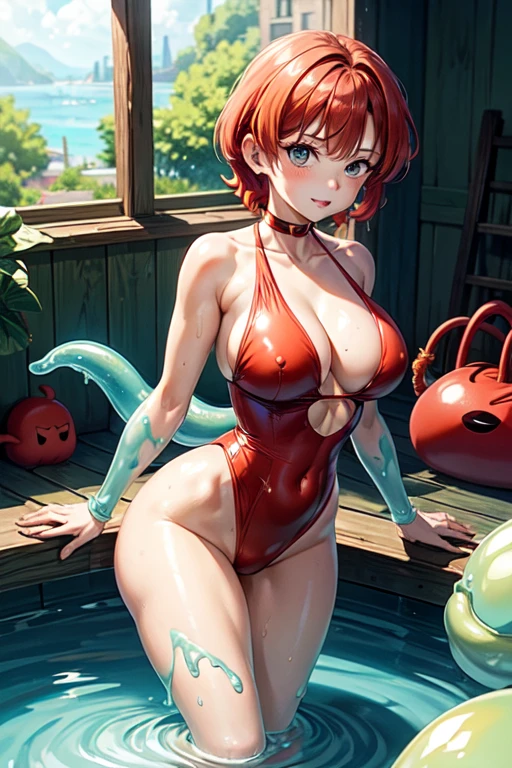 Browsing Caution, 1 person,highest quality, Best image quality, masterpiece, Very detailed, shape, Pool, One piece swimsuit, girl, ranma,Red Short Hair, Slime nest, Slime (substance), ???????????,Imprisonment, Inhibition, bondage, big Slime, Tentacles, Transparent body, Grabbing her ???????,