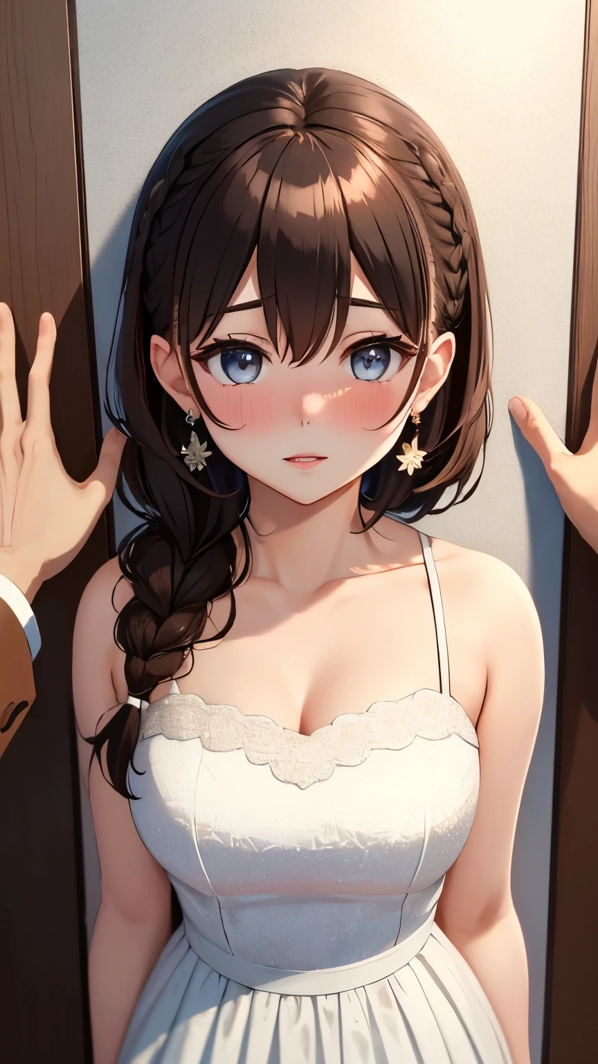 (best quality), 1girl and 1boy, (kabedon pov:1.3), ultra-detailed, illustration, masterpiece, aichan, beautiful detailed eyes, short brown hair, side braid, blush, large breasts, church, glossy lips, lips parted, wedding dress