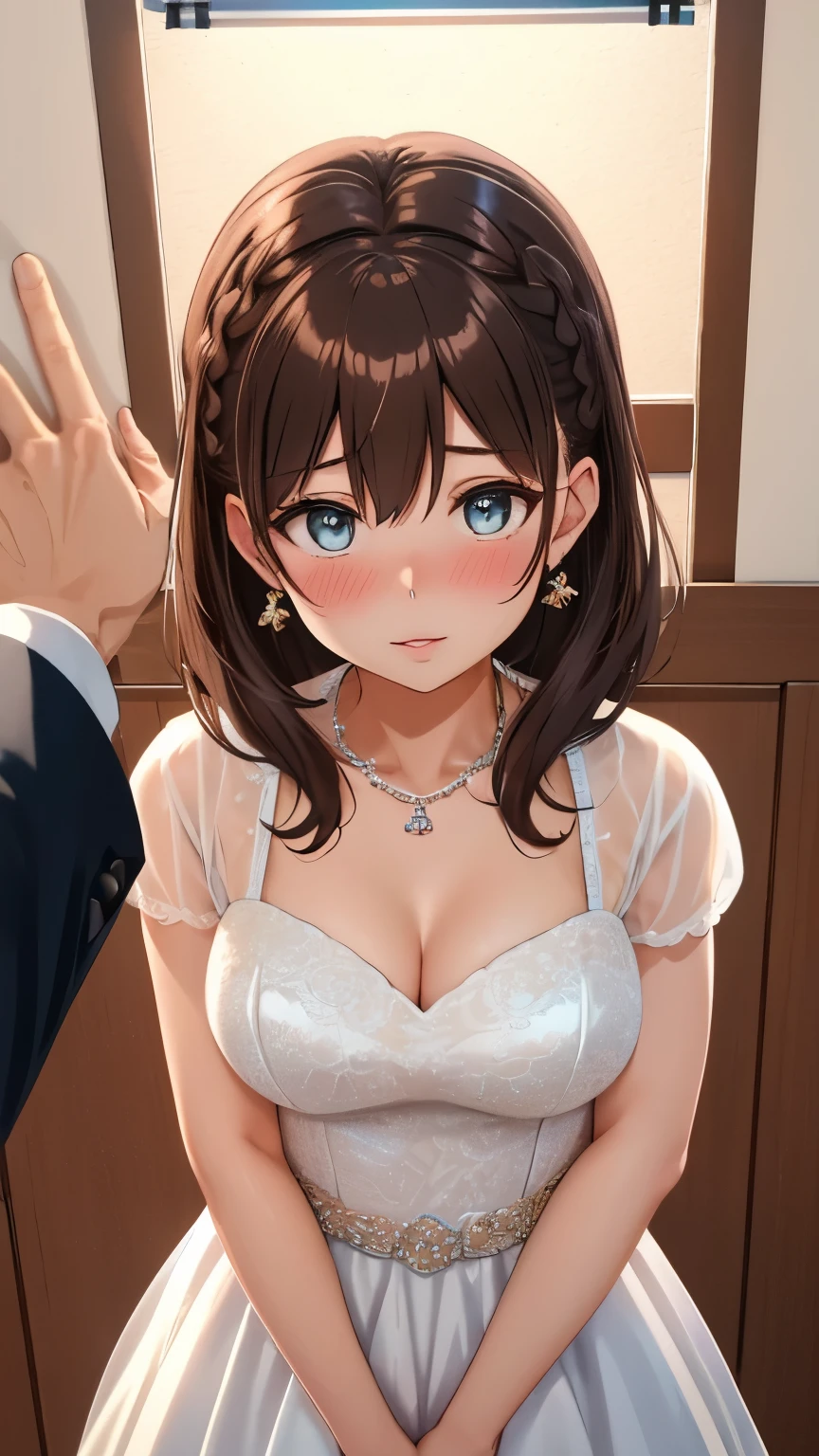 (best quality), 1girl and 1boy, (kabedon pov:1.3), ultra-detailed, illustration, masterpiece, aichan, beautiful detailed eyes, short brown hair, side braid, blush, large breasts, church, glossy lips, lips parted, wedding dress