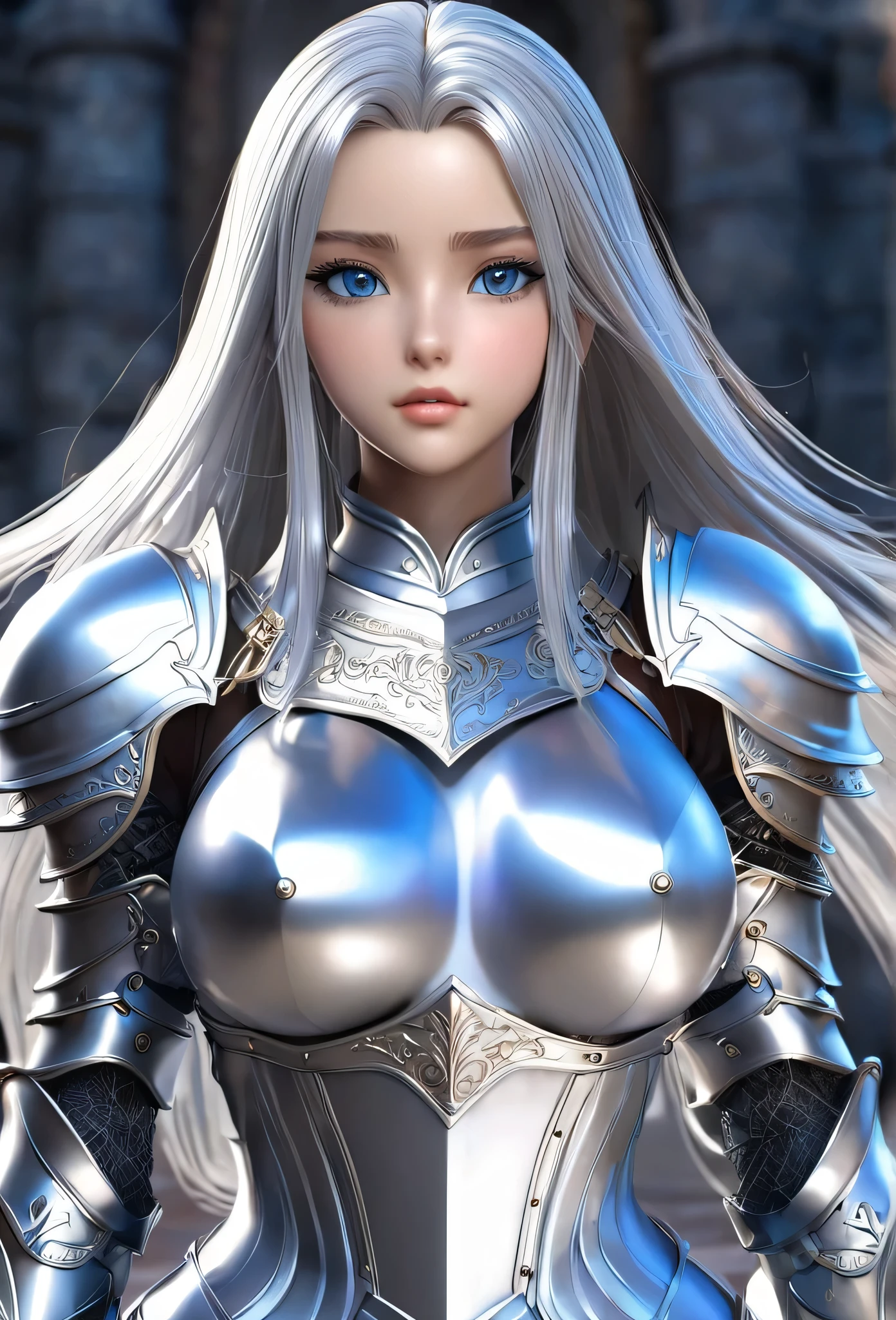 20-year-old girl,Silver long hair,Blue Eyes,Long eyelashes,Unbelievably huge breasts,((3D anime style)),A knight in revealing silver armor,Wearing a blue aura,Ready your sword,whole body,