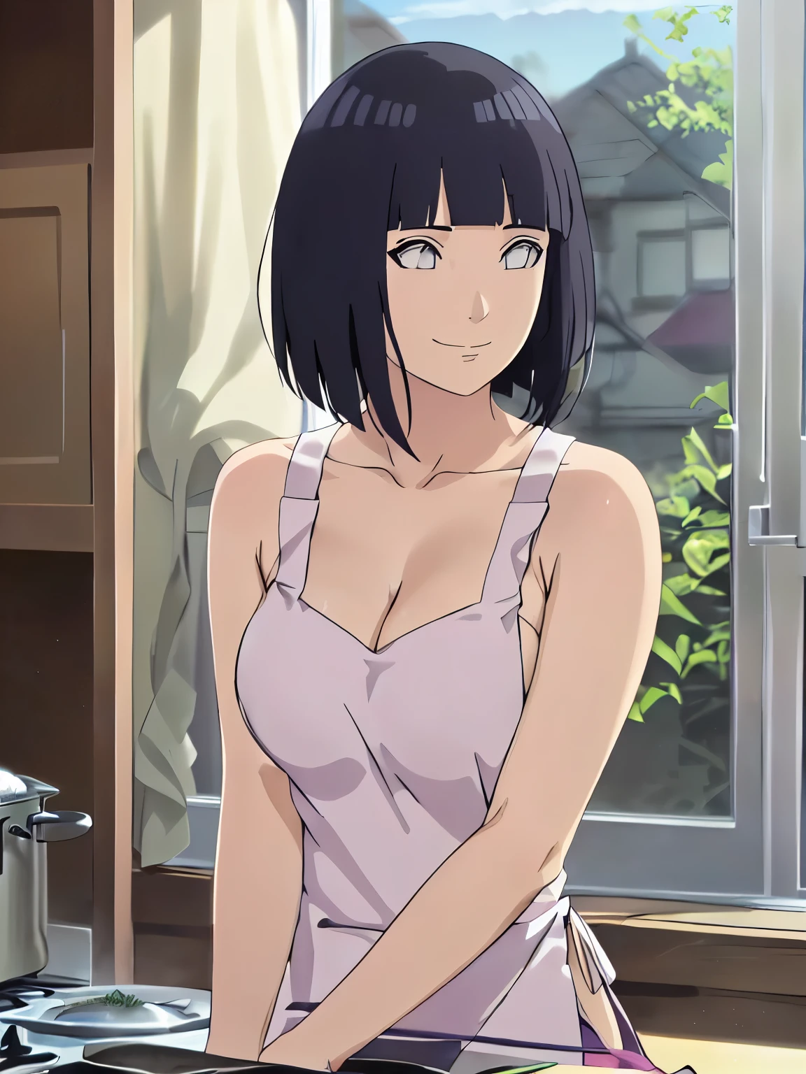 (hinata\(boruto\), (sfw, high quality, anime, cowboy shot, white apron, off-shoulders, little biceps, super detailed body, smile), ((cooking, stretching up), (medium-big breasts, cleavage), closed mouth), pale skin, ((floating hair, dark blue, short hair, hime cut، loose hair), (location: windy afternoon),