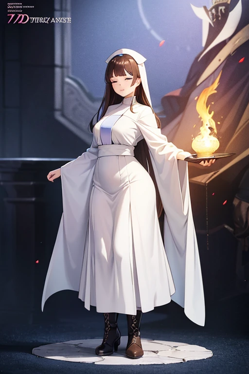 Anime Art、Full body portrait、Dungeons＆Priest of Dragons、A curvy woman, standing upright, about 170cm tall, about 28 years old, wearing a white robe and a white long skirt、Short medium brown hair、Both eyes closed、Smiling、gloves、boots、Flat chest