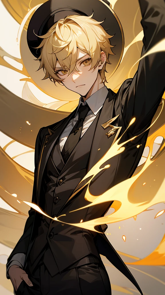 Aether from Genshin Impact as a hitman. Short blonde Hair. Golden Eyes. 1boy. Elegant Hat.