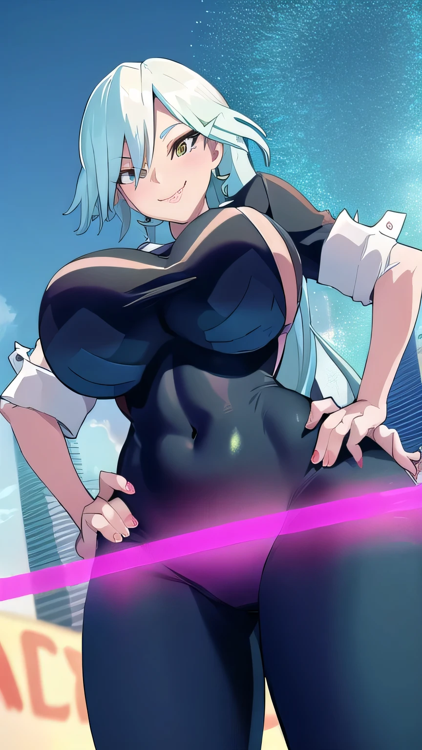 super gigantic breasts,giantess,city background,show belly bottom,view from below,sexy pose,cute smile,shy