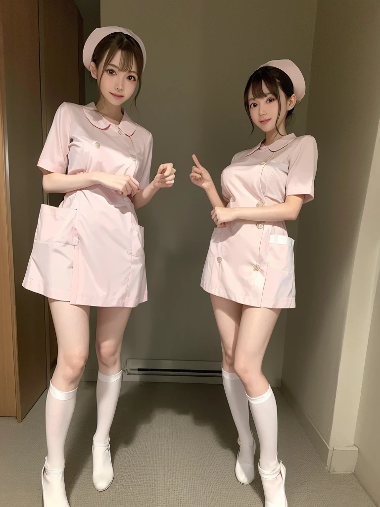 (highest quality),(High resolution),(8K),The whole body is shown,(Large Breasts),Long, slender legs,Beautiful feet,Slender,Narrow waist,(Hair up),Small Face,cute,smile,nurse,(Costumes with attention to detail:1.2),(2 people:1.2),Woman looking down from above,Angle from below