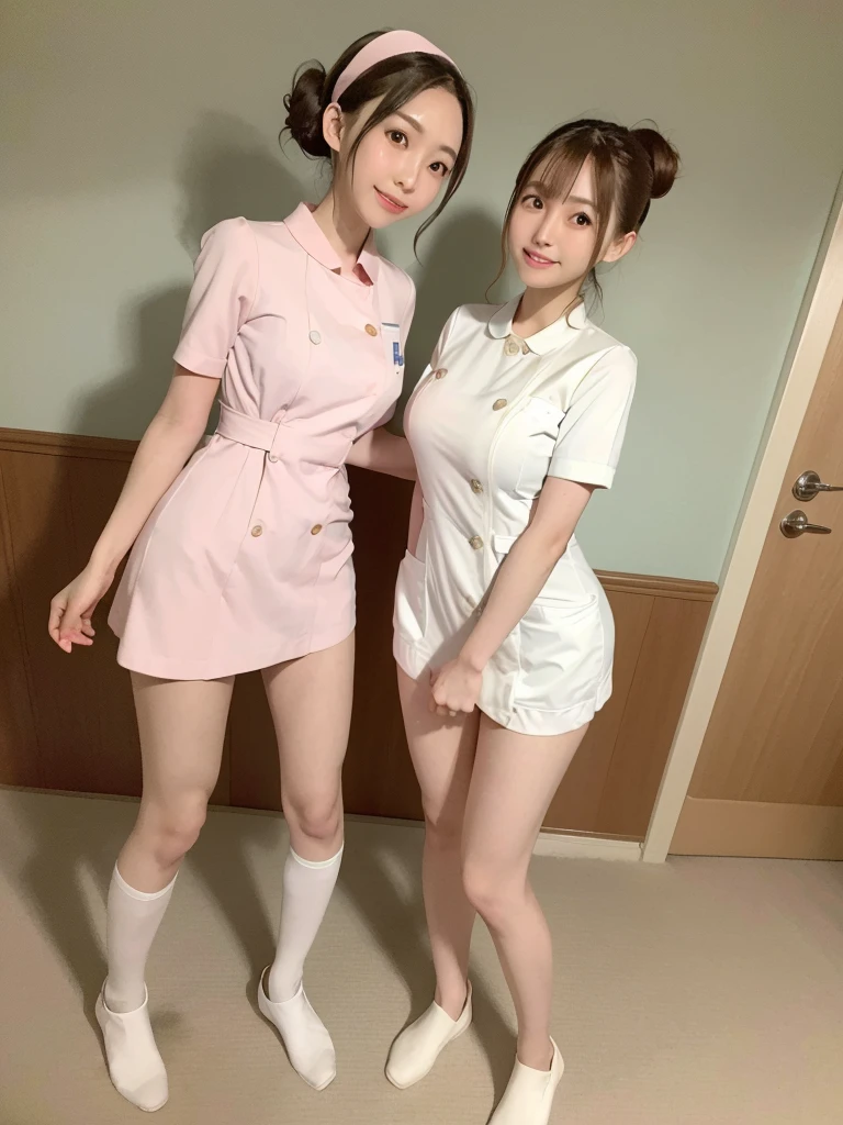 (highest quality),(High resolution),(8K),The whole body is shown,(Large Breasts),Long, slender legs,Beautiful feet,Slender,Narrow waist,(Hair up),Small Face,cute,smile,nurse,(Costumes with attention to detail:1.2),(2 people:1.2),Woman looking down from above,Angle from below