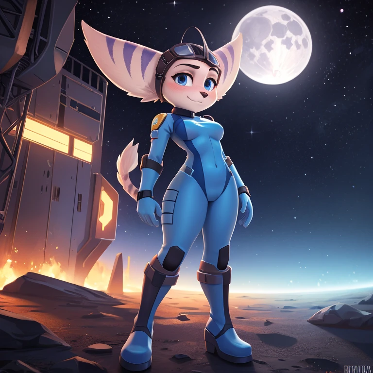 Solo, female, detailed, fluffy, furry, rivet (ratchet and clank), medium breasts, absurdres, bedroom eyes, detailed, solo, zero suit, beautiful, breasts, luxury, elite, full body CGsociety, hypermaximalist, golden ratio, environmental key art, octane render, weta digital, ray trace, 8k, stars, blushing, embarrassed, impossible clothing, space, alien moon, leaning, space station