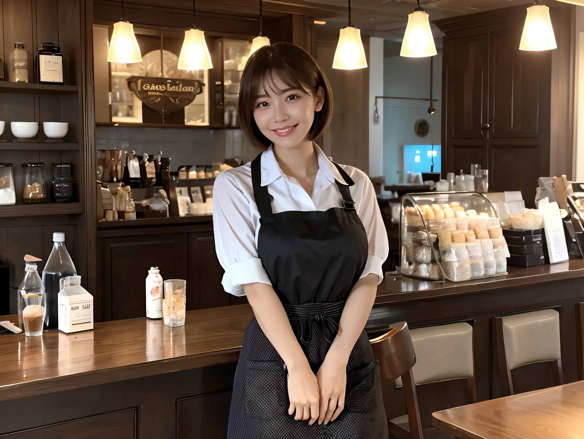 (Female clerk in café:1.4),Beautiful 16 year old woman,natural smile,