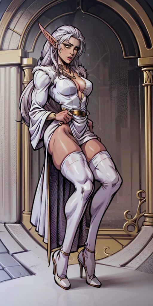 Pirotess dark elf 1sologirl, white silver long hair, yellow eyes, white dress, black stockings, white high heels, jewelry necklace, fur coat, portrait