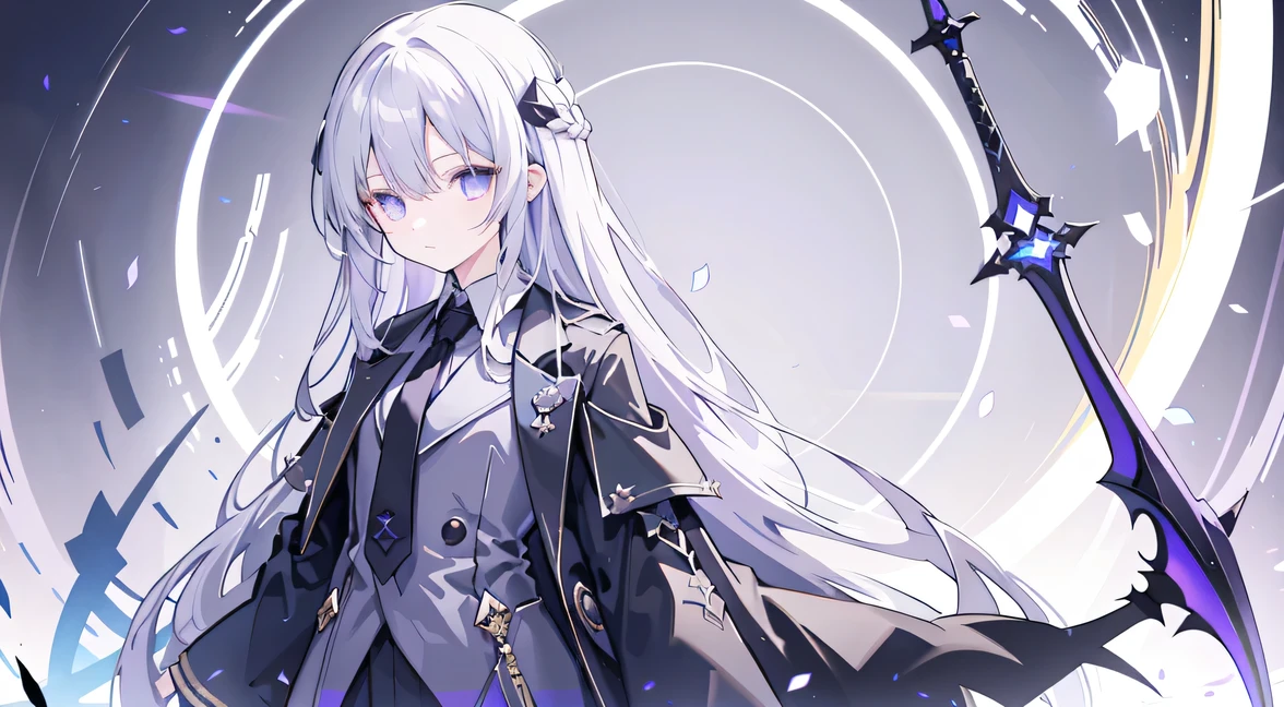 Wearing Darkness,1 Girl,Gray Hair,Long Hair,Purple left eye,blue right eye,With a dark sword,Countless Swords,Dark Aura,Black darkness,Golden Darkness,Black long coat,White Shirt,Black tie,Long trousers, Girls,1 person
