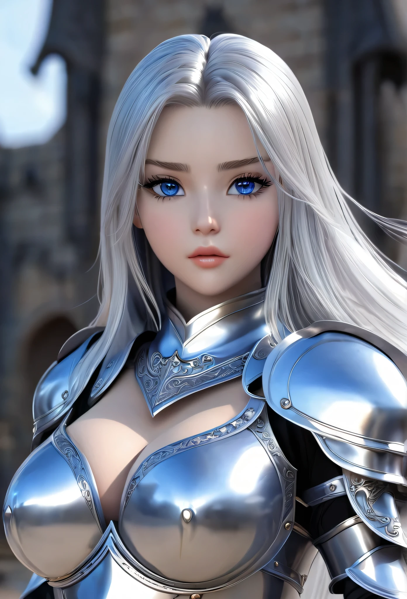 20-year-old girl,Silver long hair,Blue Eyes,Long eyelashes,Unbelievably huge breasts,((3D anime style)),A knight in revealing silver armor,Wearing a blue aura,Ready your sword,whole body,