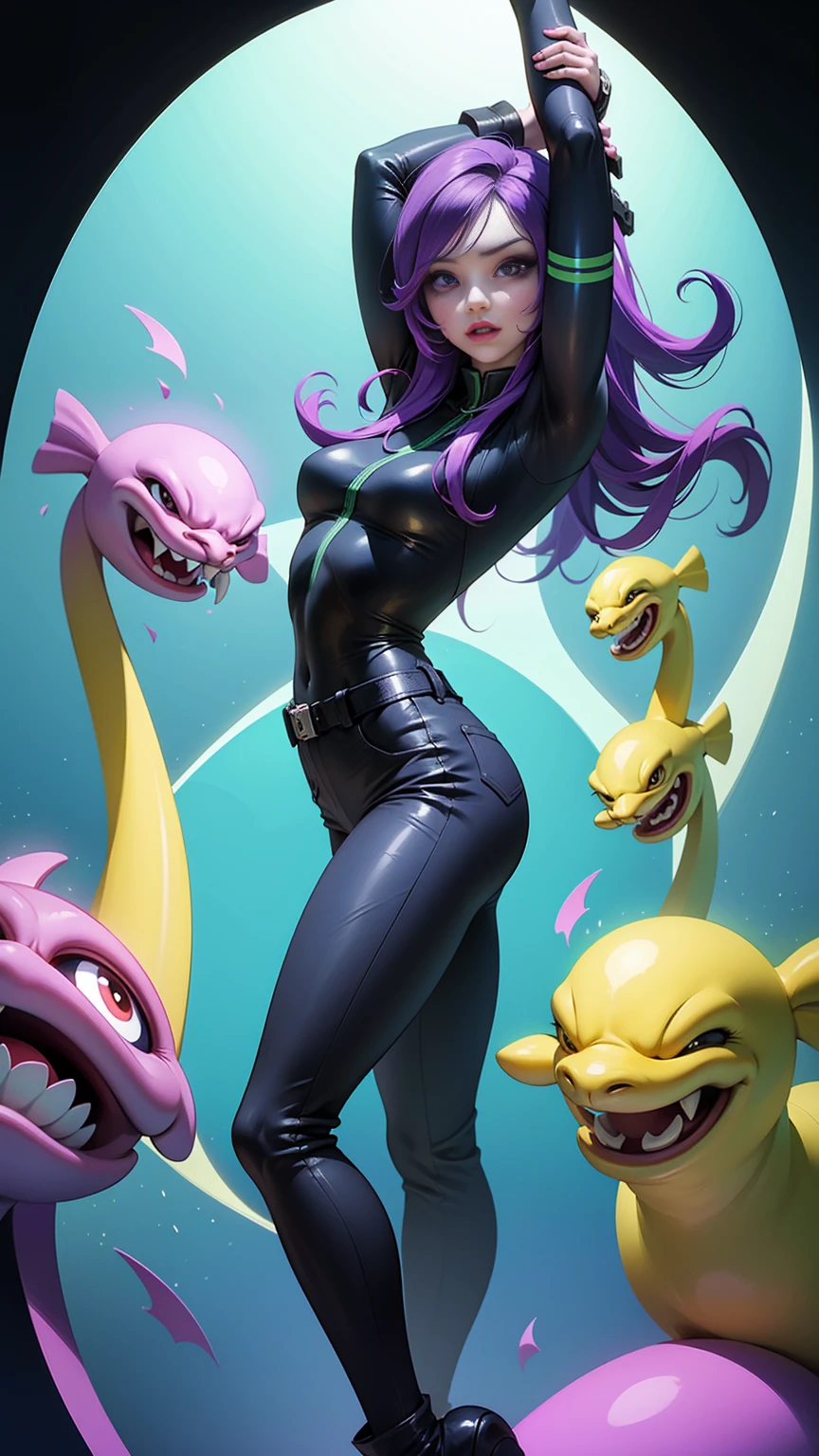 Angelina Jolie confused facial, thinking "What is going on?", dumb smile, brightly colored hair in a shape of nuclear explosion cloud, gigantic breast, meteors, have fun, full body, juicy wet explosion environment, new fantastic species of animals, slime monster behind her, rossdraws cartoon vibrant, rossdraws pastel vibrant, rossdraws 1. 0, rossdraws portrait, rossdraws 2. 0, rossdraws digital painting, rossdraws global illumination, rossdraws 2. 5, glossy digital painting, stunning digital illustration, inspired by rossdraws
