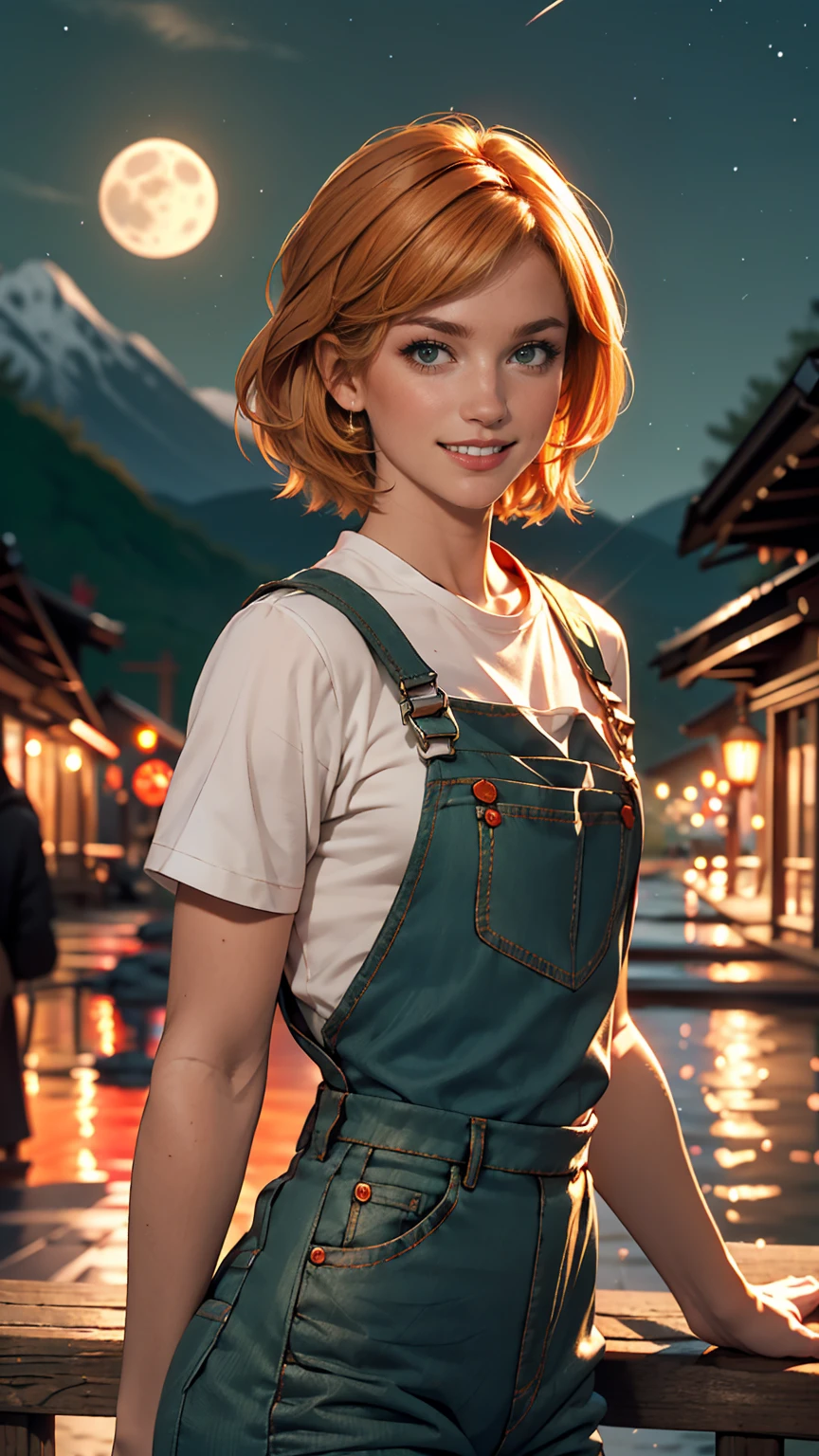 One girl, sxfrances, short hair, Orange Hair, Green Eyes, freckles, smile, Red Overalls, Blue Shirt, Roll up your sleeves, Mountain, moon, (night:1.5), View your viewers