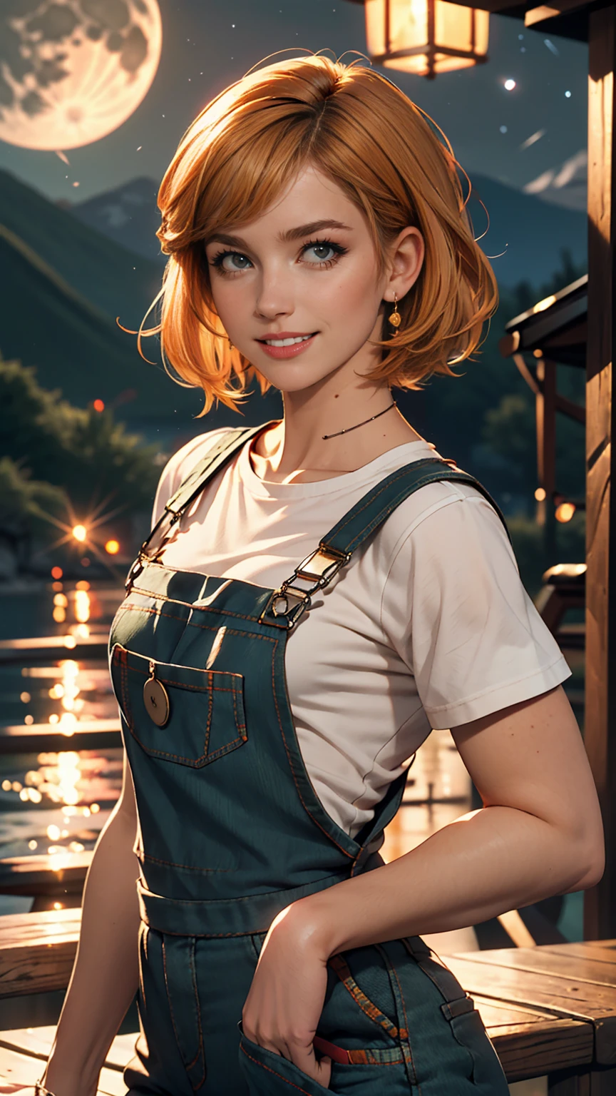 One girl, sxfrances, short hair, Orange Hair, Green Eyes, freckles, smile, Red Overalls, Blue Shirt, Roll up your sleeves, Mountain, moon, (night:1.5), View your viewers