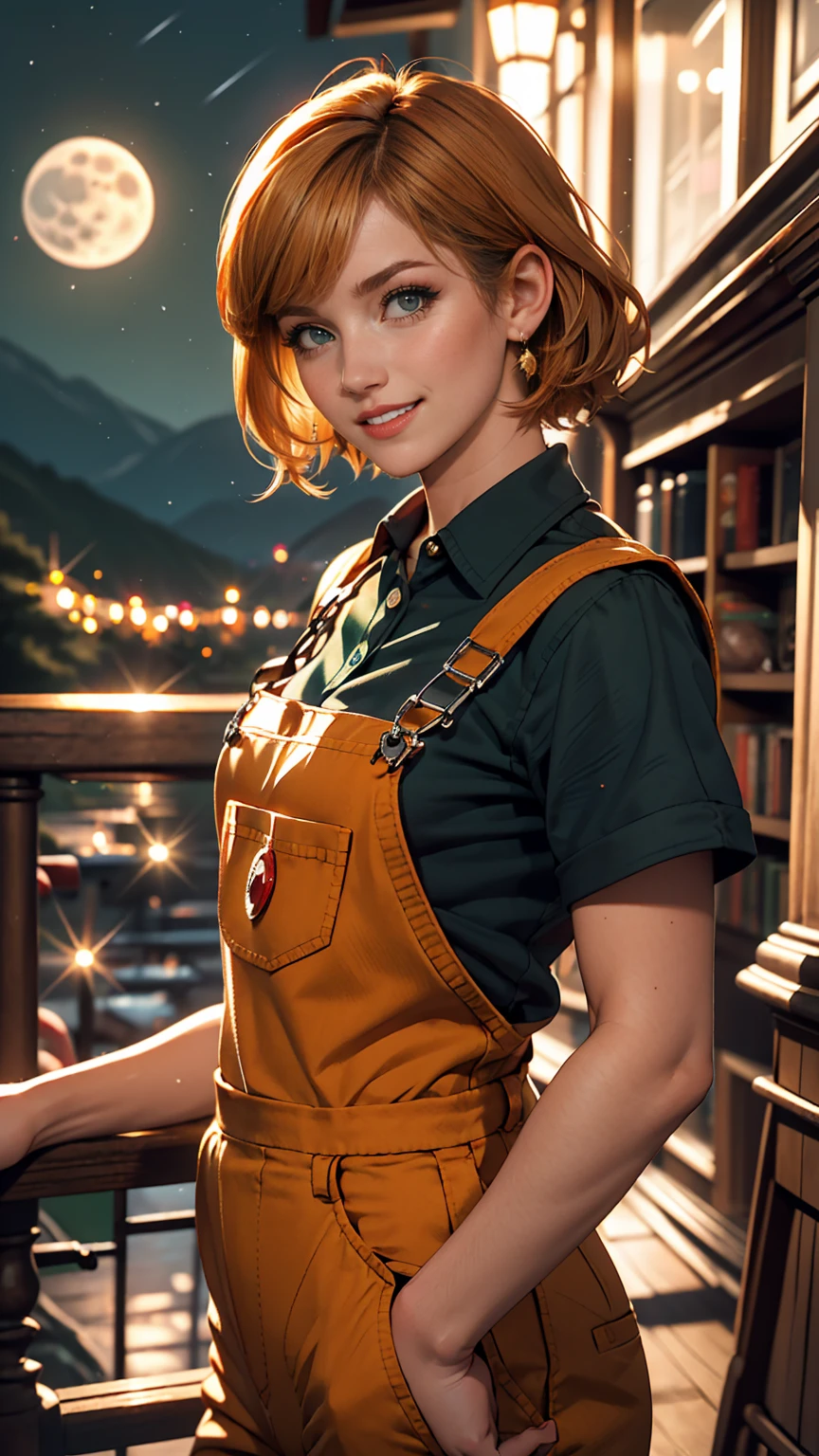One girl, sxfrances, short hair, Orange Hair, Green Eyes, freckles, smile, Red Overalls, Blue Shirt, Roll up your sleeves, Mountain, moon, (night:1.5), View your viewers