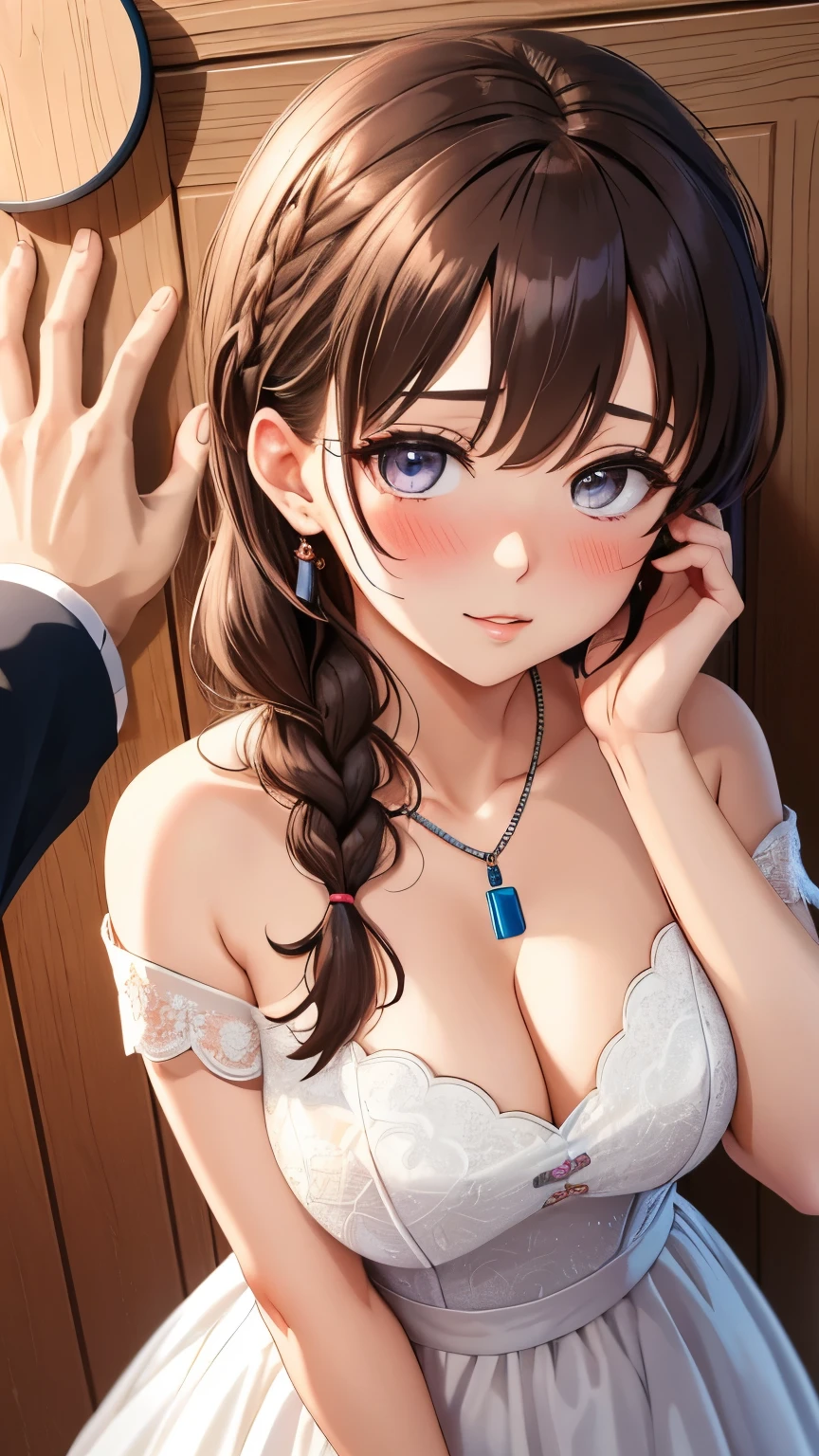 (best quality), 1girl and 1boy, (kabedon pov:1.3), ultra-detailed, illustration, masterpiece, aichan, beautiful detailed eyes, short brown hair, side braid, blush, large breasts, church, glossy lips, lips parted, wedding dress, off the shoulder, necklace, jewelry