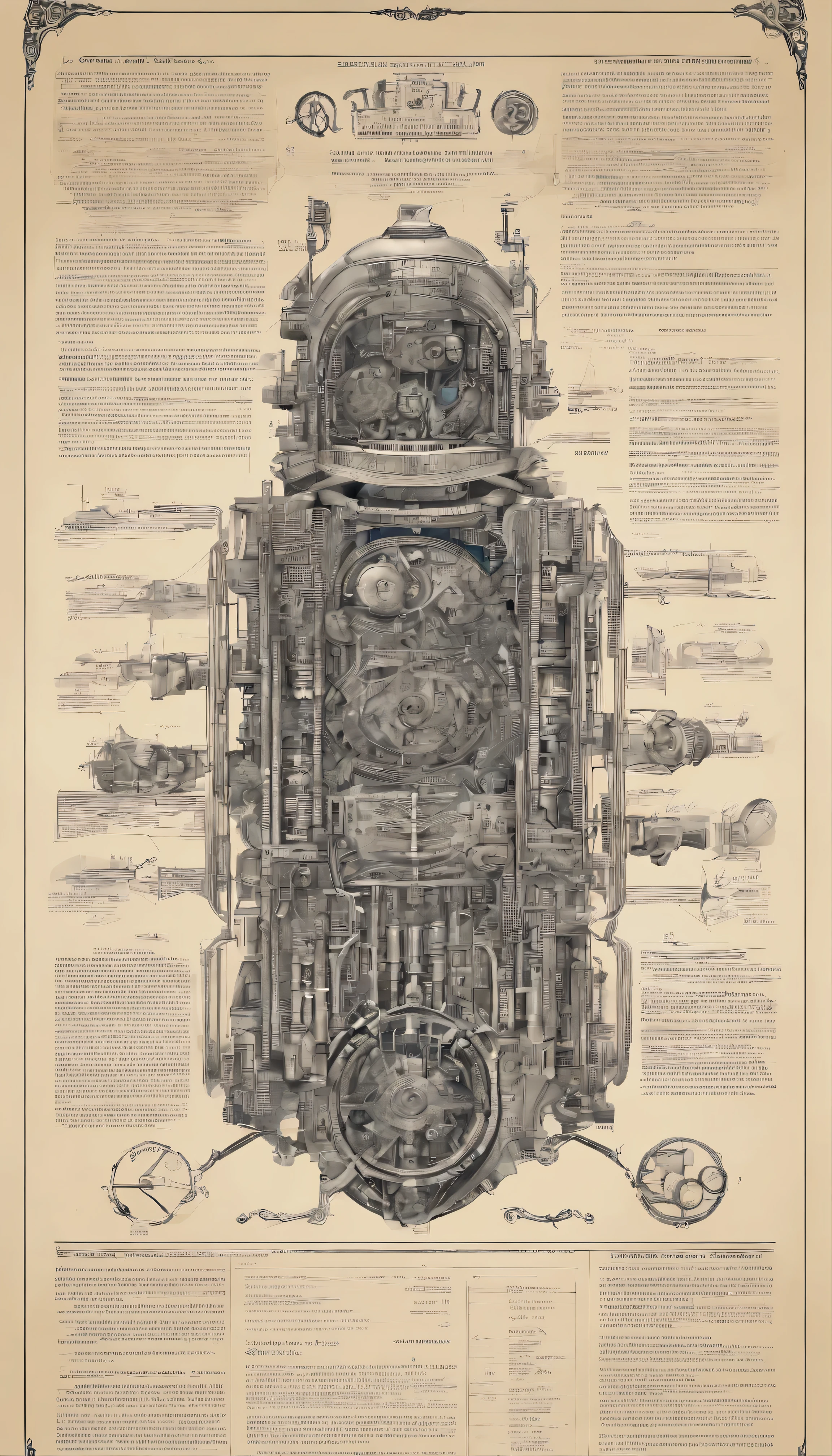 A full-page concept design for an organic robotic device featuring intricate steampunk blueprints drawn in ink on paper.、Introduces scientific intricacies and highly detailed labeled components。Organic machines、Gear reminiscent of Victorian engineering、gear、Seamlessly integrated with the tube、It gives the design a unique and captivating aesthetic.。The intricacy of the meticulously crafted details、This poster is、Serves as a visually compelling blueprint for creating innovative technological wonders。