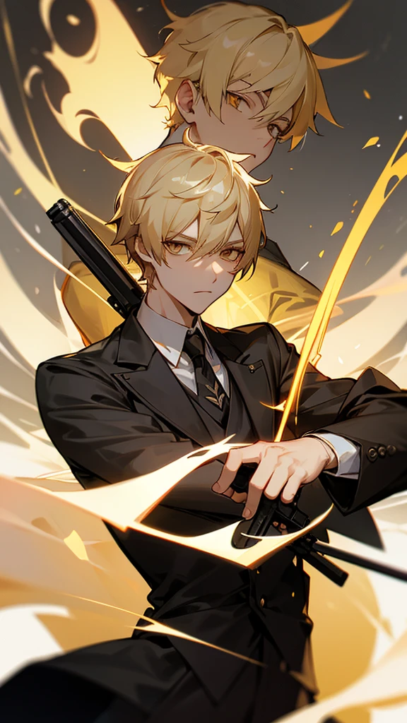 Aether from Genshin Impact as a hitman. Short blonde Hair. Golden Eyes. 1boy. Holding gun.