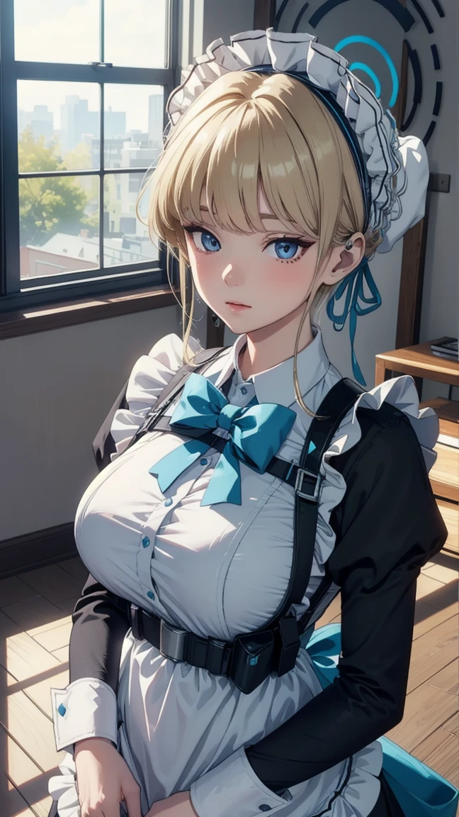 "(perfect masterpiece:1.2), (best quality:1.2), stunning face,  uniform, mature and chubby, big pupil, bright eyes, compensate, long and luxurious eyelashes, lip whole, irresistible charisma.",Maid clothes,belly button