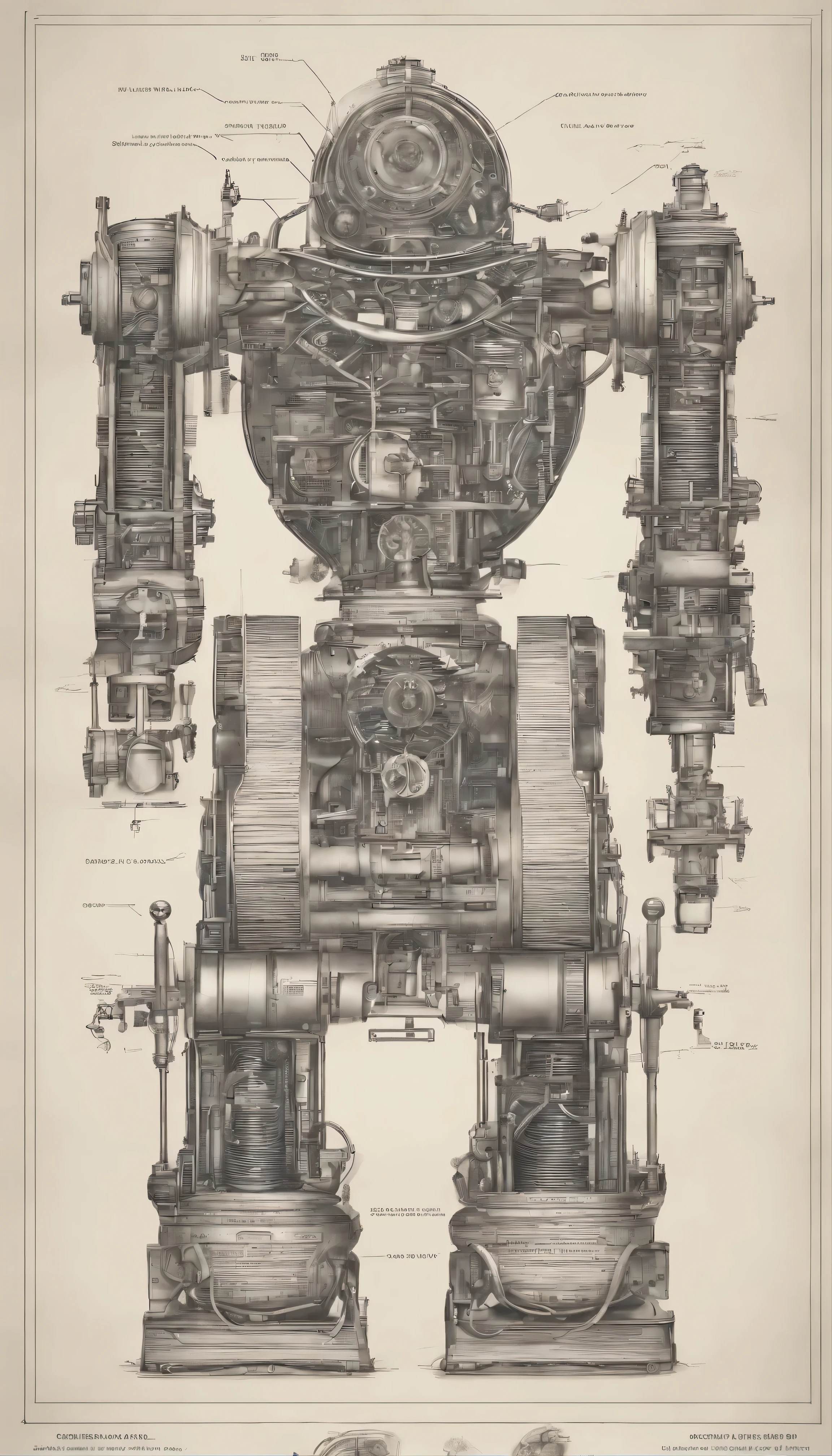 A full-page concept design for an organic robotic device featuring intricate steampunk blueprints drawn in ink on paper.、Introduces scientific intricacies and highly detailed labeled components。Organic machines、Gear reminiscent of Victorian engineering、gear、Seamlessly integrated with the tube、It gives the design a unique and captivating aesthetic.。The intricacy of the meticulously crafted details、This poster is、Serves as a visually compelling blueprint for creating innovative technological wonders。