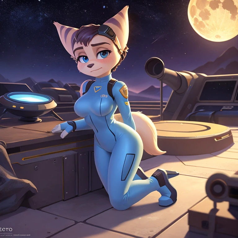 rivet, blue lombax girl, blue eyes, goggles, solo,((thick sexy body)), lying on back, blue striped arm, yellow cybernetic robot arm, (best quality, masterpiece:1), blush, pose, nsfw, detailed fur, (body fur, furry body:1.4), furry female anthro, looking at viewer, closed mouth, high-angle view, from above, (romantic background:1.2), bed sheet background,, smile, striped tail, big chest , thick boobs, vagina, visible genitals , cute, sexy, (((thick girl))),