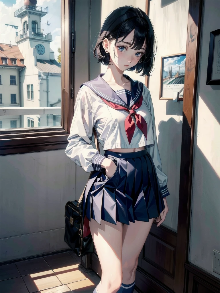 sailor school_uniform, absurdres, RAW photo, extremely delicate and beautiful, masterpiece, Best Quality, ultra high resolution, 32k, hyperrealistic, ultra-detailed, detailed description, pale skin, 20 years old, tearful mole, earring, Colossal tits, short medium hair, wavy hair, full body shot,