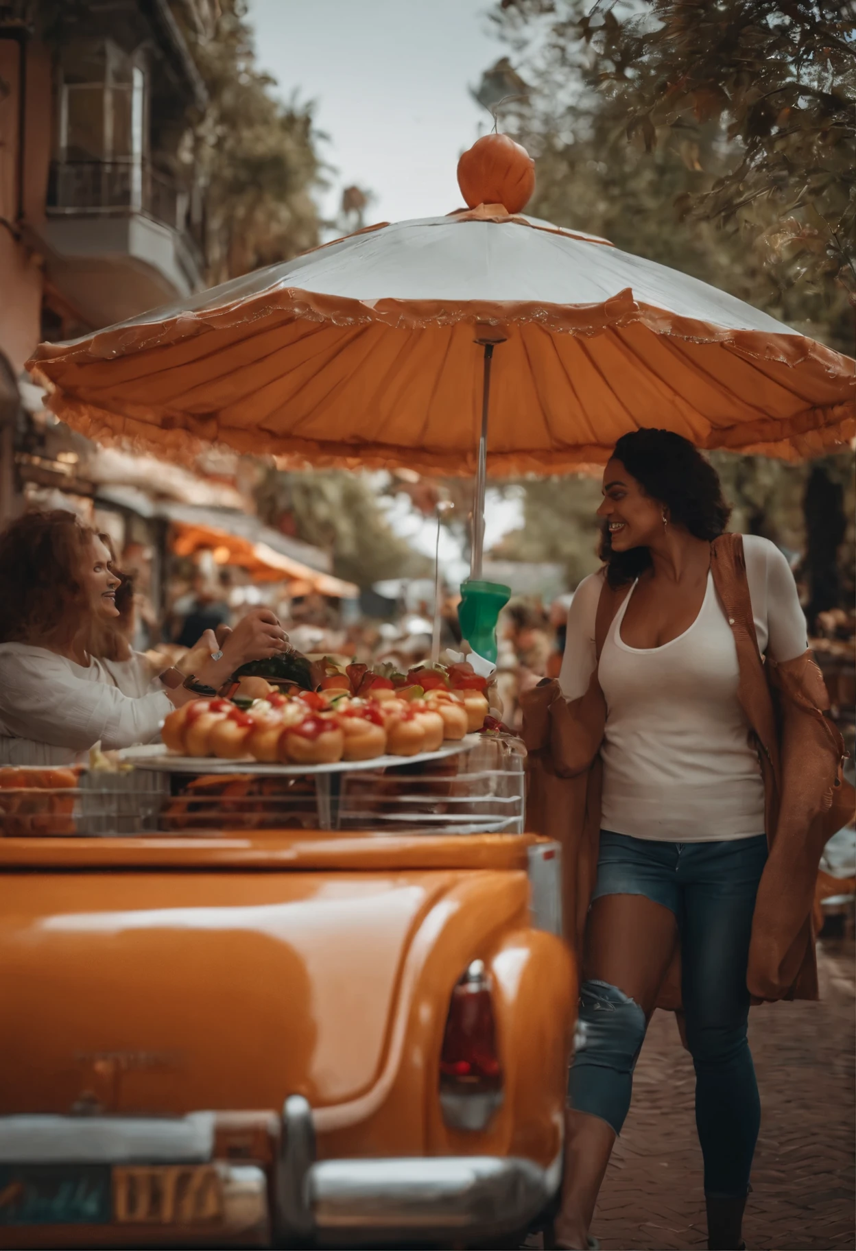 Una carreta rodante con hamburguesas y jugos ccon una chica con mandil blanco