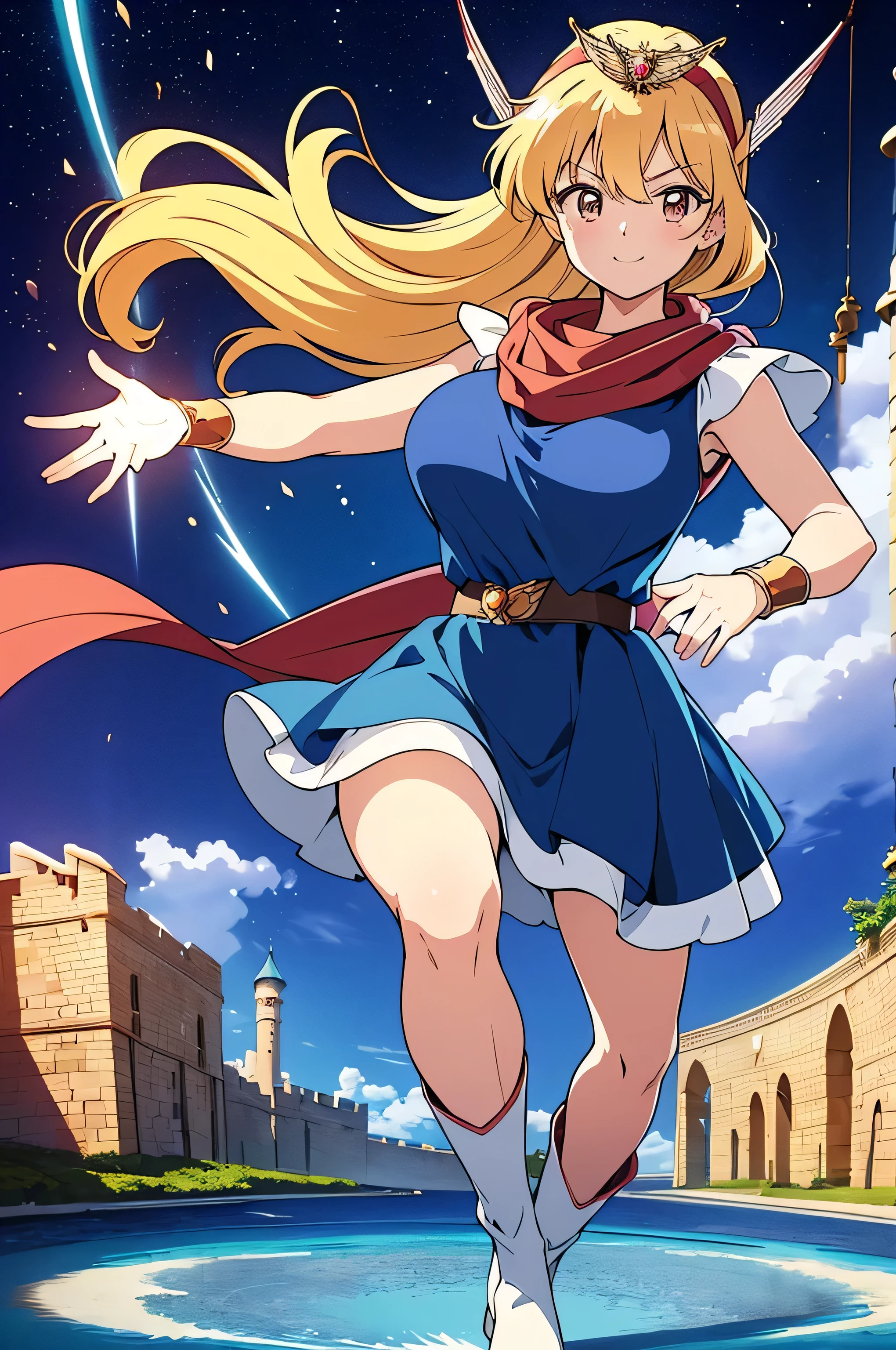 masterpiece,highest quality,8k anime quality,Official Style,Official Art,Anime Coloring Book,super high quality_Anime image quality, High resolution, 8k, wallpaper,Very detailed,Perfect Eyes,Ultra-detailed eyes、Perfect Face、Ultra detailed face、(Beautiful Face:1.2),Glowing Skin,Focus on the chest, ((MagicalPrincess, Sleeveless blue dress,Blue mini skirt,hair band,Scapula,boots,Red scarf,tiara,White shoes,)),1 girl, alone, Blonde Hair,Long Hair, Brown eyes, (Large Breasts:1.4), (smile、Confident、Open your mouth a little), Full Body Shot, Exciting action pose, Ready your bow、Shoot arrows、magic circle、flash、(Castle Background,On top of the fortress),