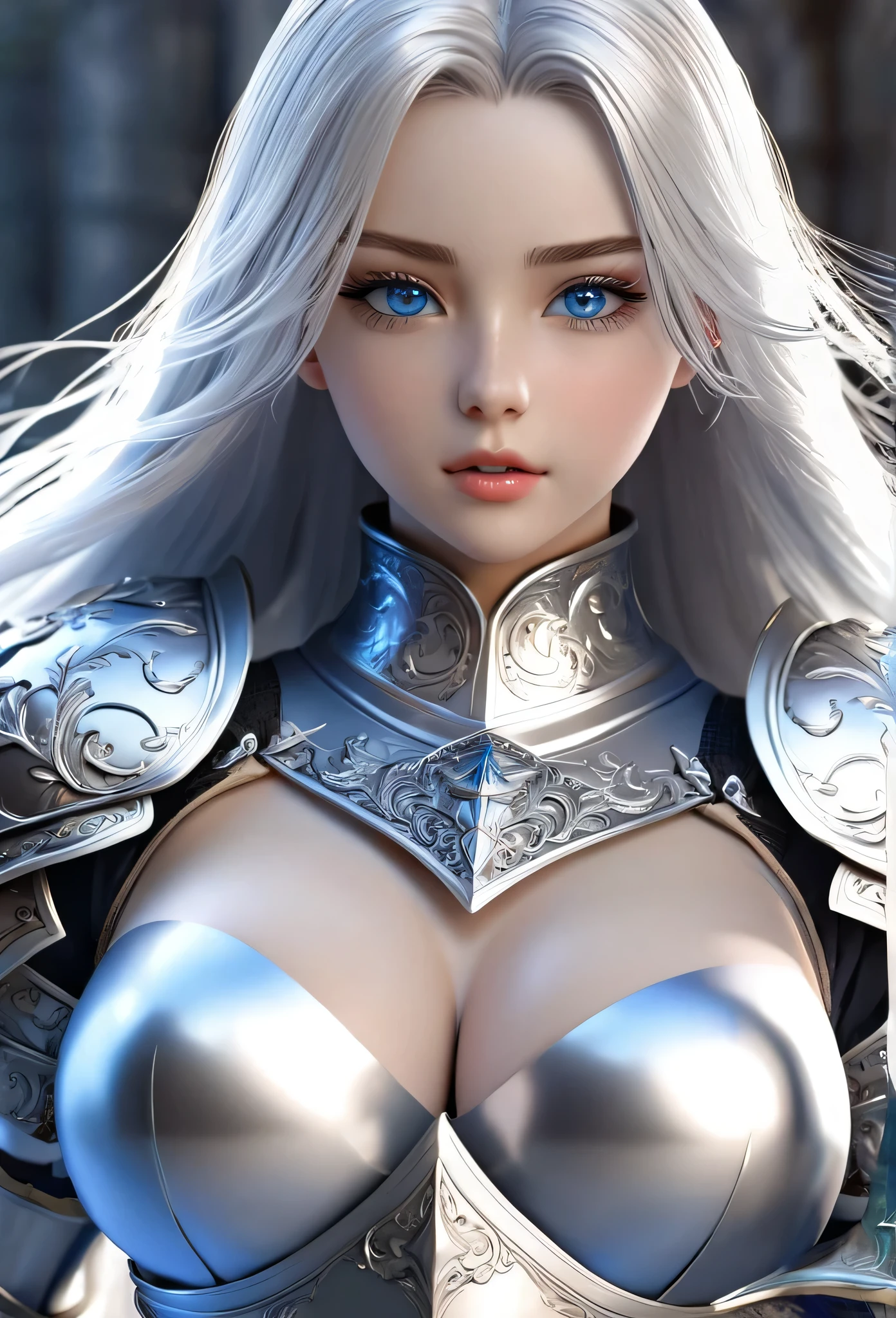 18-year-old girl，Silver long hair，Blue Eyes，Long eyelashes，White skin，Unbelievably huge breasts，((3D anime style))，A knight in revealing silver armor，Wearing a blue aura，Ready your sword，whole body，