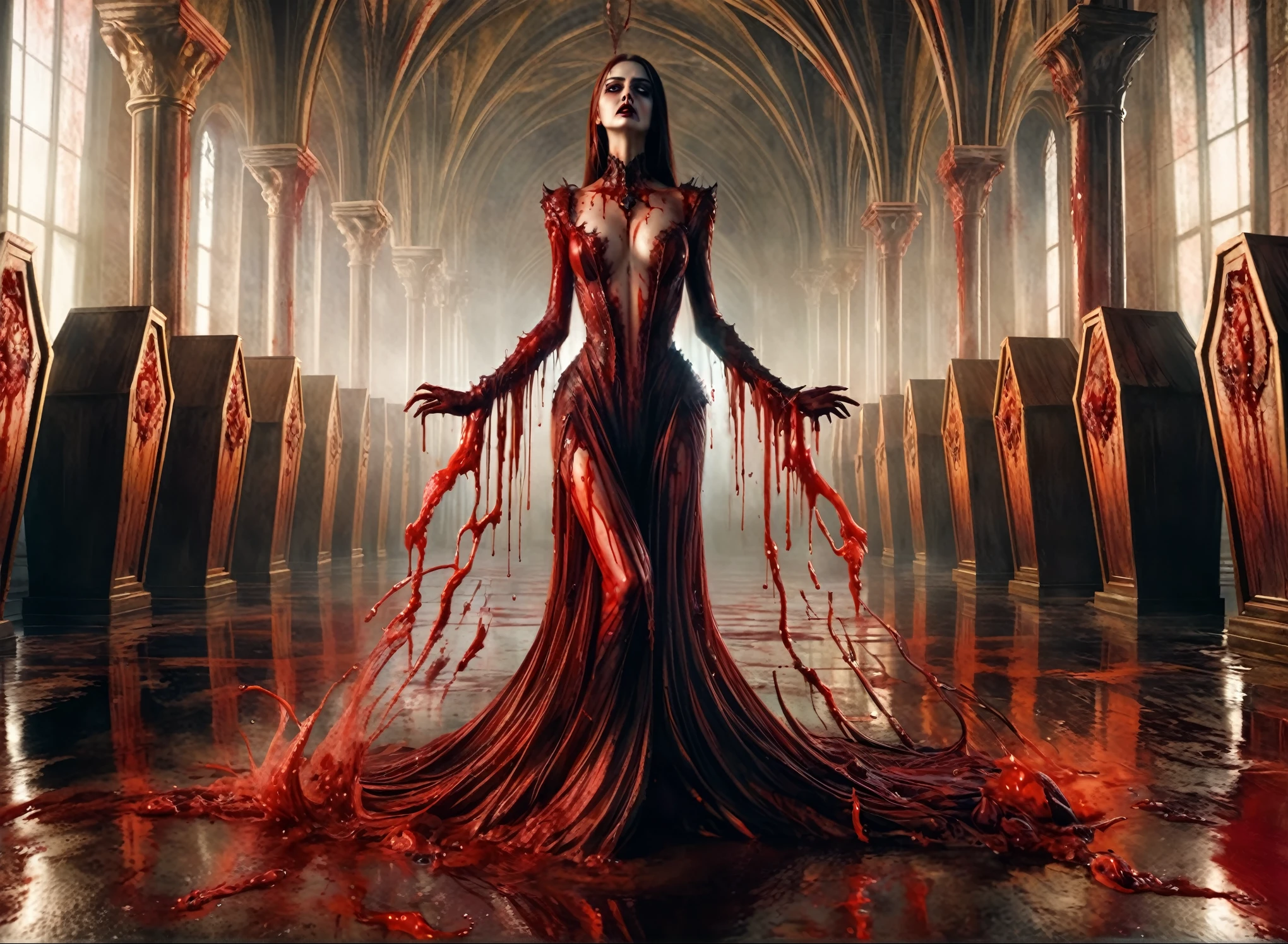 arafed woman in a long red dress standing in a hall with blood, standing in a pool of blood, pale woman covered with blood, covered with blood, beautiful elegant demon queen, queen of hell, miss aniela, covered in blood, splattered with blood, bloody + concept art, made of blood, scary queen of death, raining blood, rivers of blood