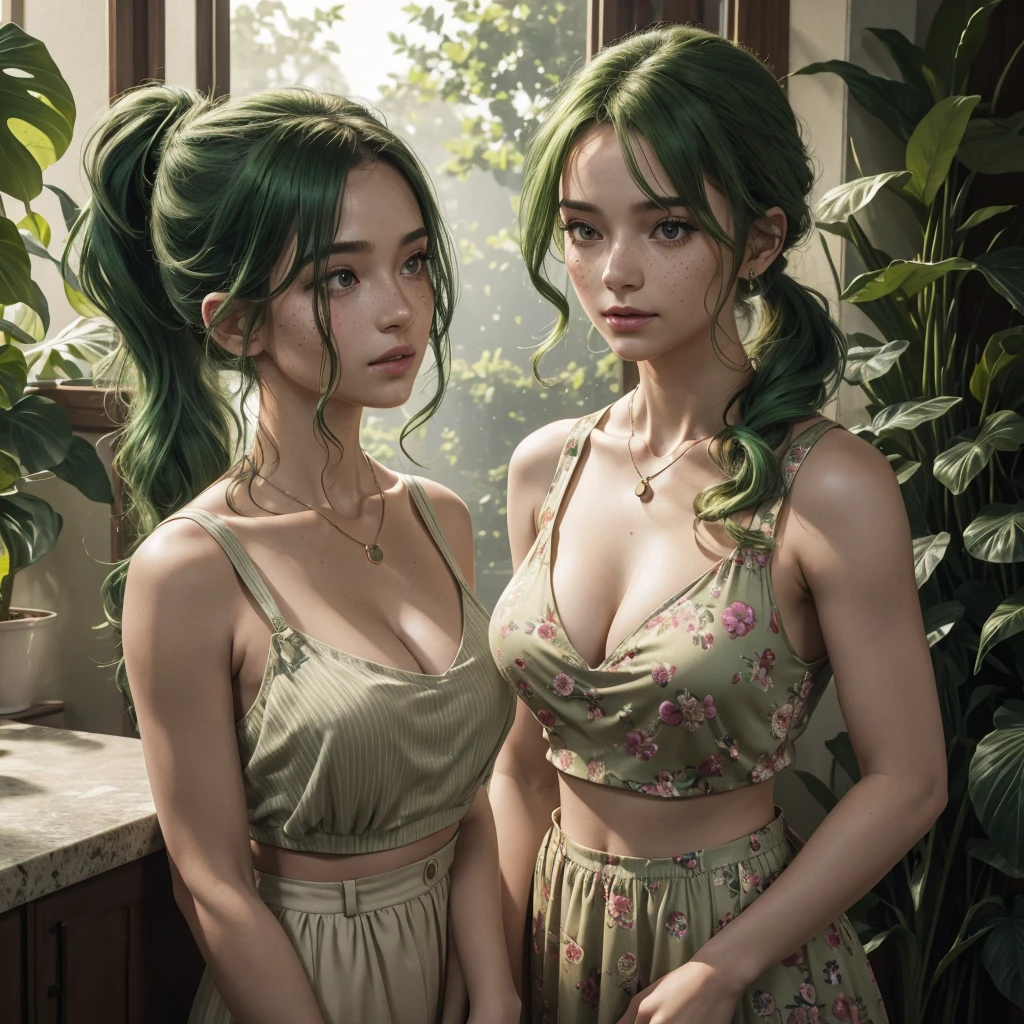 one woman only, casual dress, highres, masterpiece, perfect lighting, bloom, cinematic lighting, adult woman, perfect skin, looking at viewer, upper body, collarbone, wavy hair, ponytail, necklace, suspenders, floral print, freckles, green hair, sunlight, center opening, midriff, cleavage, sleeveless, cat in background, 
