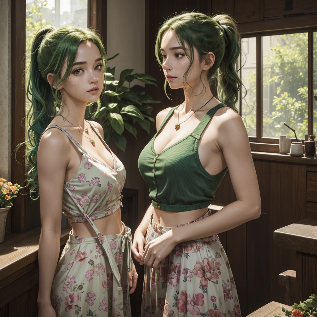 one woman only, casual dress, highres, masterpiece, perfect lighting, bloom, cinematic lighting, adult woman, perfect skin, looking at viewer, upper body, collarbone, wavy hair, ponytail, necklace, suspenders, floral print, freckles, green hair, sunlight, center opening, midriff, cleavage, sleeveless, cat in background,