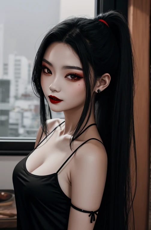 (1:1 girl solo half body portrait high quality) ((hot vampire girl) ((long balck hair styled half up in two side buns)) ((red eyes)) (((fangs)) ((sexy perfect body))) ((nadja from what we do in the shadows)) ((perfect porcelain skin)) beautiful girl forever young 