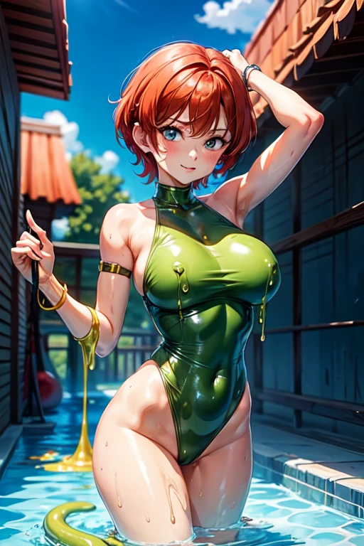 Browsing Caution, 1 person,highest quality, Best image quality, masterpiece, Very detailed, shape, Pool, One piece swimsuit, girl, Ranma,Red Short Hair, Slime nest, Slime (substance), Big Breasts,Imprisonment, Inhibition, bondage, big Slime, Tentacles, Transparent body, Grab her breasts,