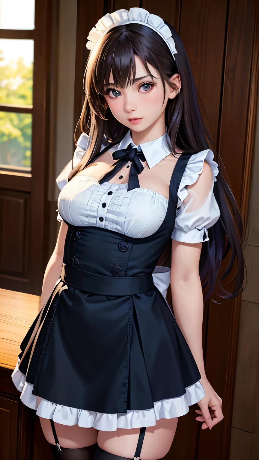 8ก, Highest quality, Extremely detailed, highest resolution, (realistic, realistic photo:1.37), high definition RAW color photograph, professionally arrested, Big file size, highly detailed beautiful girl, Extremely detailed face, Finely defined eyes, expressive lips, perfect anatomy, cute girl, realistic, maid, short puffy sleeves, small maid apron, thigh highs