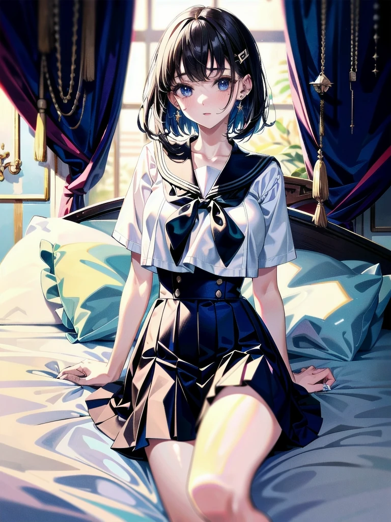 sailor school_uniform, absurdres, RAW photo, extremely delicate and beautiful, masterpiece, Best Quality, ultra high resolution, 32k, hyperrealistic, ultra-detailed, detailed description, pale skin, 20 years old, tearful mole, earring, Colossal tits, short medium hair, wavy hair, full body shot,