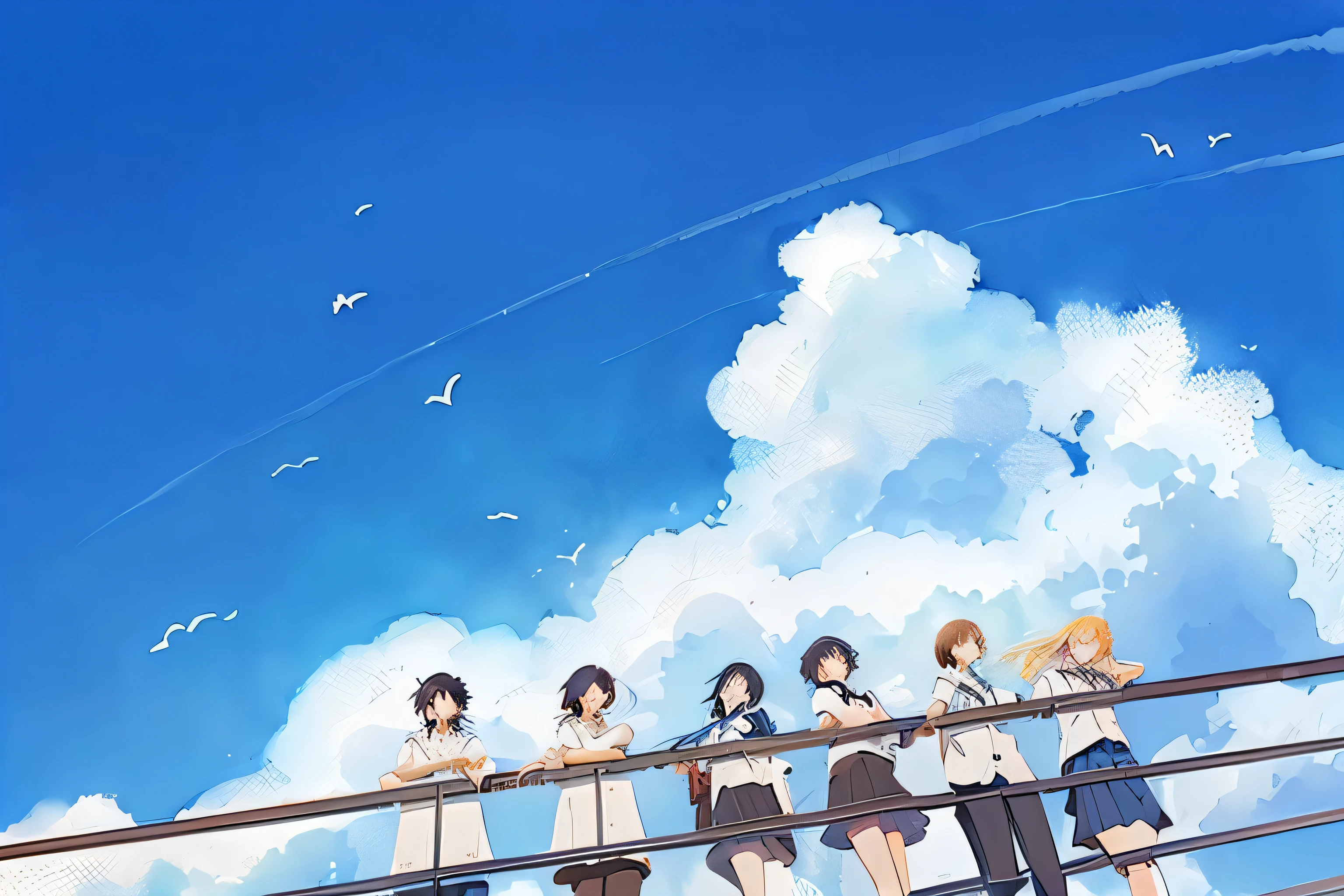 anime characters standing on a bridge with a blue sky in the background, official fanart, high quality fanart, in style of makoto shinkai, there is blue sky, official fan art, official illustration, an illustration, watercolor illustration style, commercial illustration, [ digital art ]!!, on a sunny day, by Kim Jeong-hui, whole page illustration