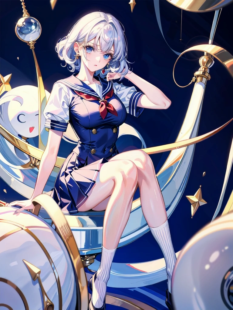 sailor school_uniform, absurdres, RAW photo, extremely delicate and beautiful, masterpiece, Best Quality, ultra high resolution, 32k, hyperrealistic, ultra-detailed, detailed description, pale skin, 20 years old, tearful mole, earring, Colossal tits, short medium hair, wavy hair, full body shot,