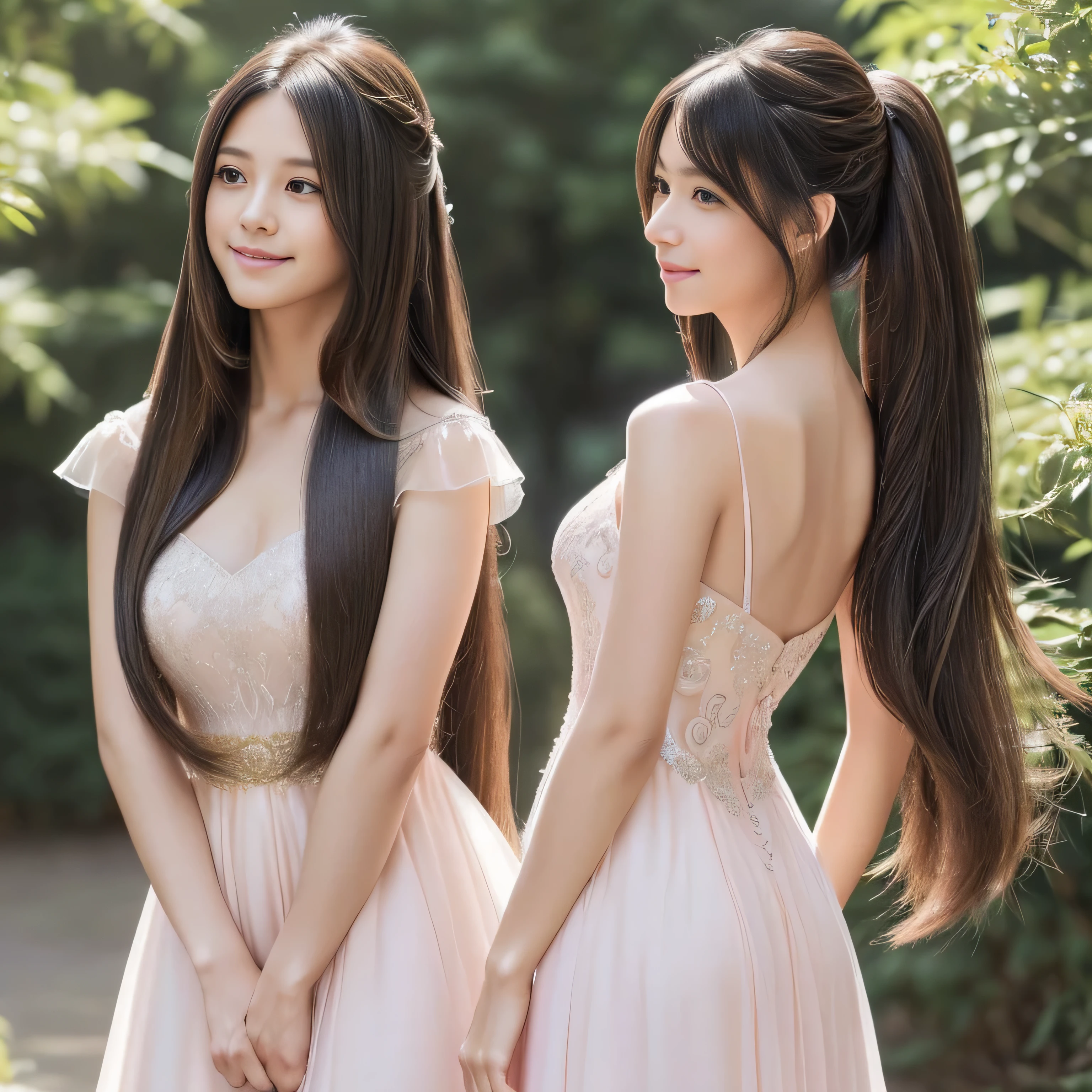 (Photo of twins who look alike, even down to their fingernails　Two people standing side by side, smiling at the viewer)　(They dressed in beautiful gowns., Fantasy Dress, Magical Dress, soft elegant gown, gown, Elegant and refined, Wearing an elegant dress, Elegant and graceful, Wearing a luxurious dress, Pastel Pink, wearing an evening gown, Beautiful dress:1.5, beautiful gown, Romantic Dress:1.5, beautiful and elegant, So magical and dreamy　The bottom of the dress is very wide:2.0)　(Knee-length shot of a woman)　((Good posture standing pose　Show as much of your back and hair as possible:1.1))　((Beautiful 24 year old hair model with long light brown hair　fell straight down　Reaches up to the kneeVery long hair　highest quality　Highest detail　Reaches up to the knee、Very long hair that lasts forever:1.3　Flowing Hair　私ncredibly straight hair　Very shiny そして thick hair　Abnormally long hair that lasts forever　Flowing Hair on both ends　long hair up to the knees:1.2　long hair up to the knees:1.2　Thick and shiny hair　Very free hair　Abnormally long hair!!!!!　Beautiful silky hair　　Beautiful and shiny hair　Beautiful and shiny hair　Beautiful silky hair　Hair that grows to the knees　Very very, Very long hair!!!!!　Very very, Very long hair!!!!!))　(highest quality　The best ultra-fine　Reaches up to the knee、Very long hair that lasts forever　Flowing Hair　Her hair is gently permed　Very shiny そして thick hair　Abnormally long hair that lasts forever　Flowing Hair on both ends　long hair up to the knees:1.2　long hair up to the knees:1.2　Thick and shiny hair　Very free hair　Abnormally long hair!!!!!　Beautiful silky hair　Super long hair down to the knees　Beautiful and shiny hair　Beautiful and shiny hair　Beautiful silky hair　Hair that grows to the knees　Very very, Very long hair!!!!!　Very very, Very long hair!!!!!))　(Her bangs are perfect.:1.3)　((Her hair color is light brown:1.5))　(Pure white wall background:1.8 Pure White Sofa)　(Japan&#39;The sexiest and most beautiful 24 year old model)　((highest quality)), ((masterpiece)), (Familiar)　(Get used to it)　Perfect Face　(Her skin is a typical Japanese skin color..　And very detailed)　　(Big Breasts:1.3)　(She is wearing a shiny white camisole.)　(She has a beautiful face and a typical Japanese figure...., Narrow eyes)　(She has perfect 美しい and sexy makeup and face　Lipstick is light red　A solid eyeliner)　((Rich 1.4))　(Extremely detailed 8K)　(Ultra-fine skin texture 1.4)　(Actual, Vibrant:1.4), double eyelid　Sharp focus:1.2、Beautiful woman:1.4　Dynamic Lighting　(Genuine RAW photos taken by professional photographers)　　Professional Hair Shine　(Her face is slim and dignified.., length, Narrow eyes..々Nice face)