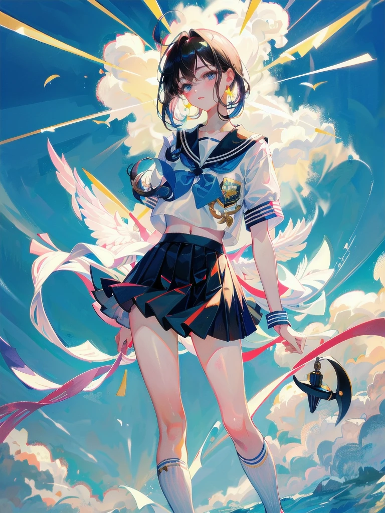 sailor school_uniform, absurdres, RAW photo, extremely delicate and beautiful, masterpiece, Best Quality, ultra high resolution, 32k, hyperrealistic, ultra-detailed, detailed description, pale skin, 20 years old, tearful mole, earring, Colossal tits, short medium hair, wavy hair, full body shot,