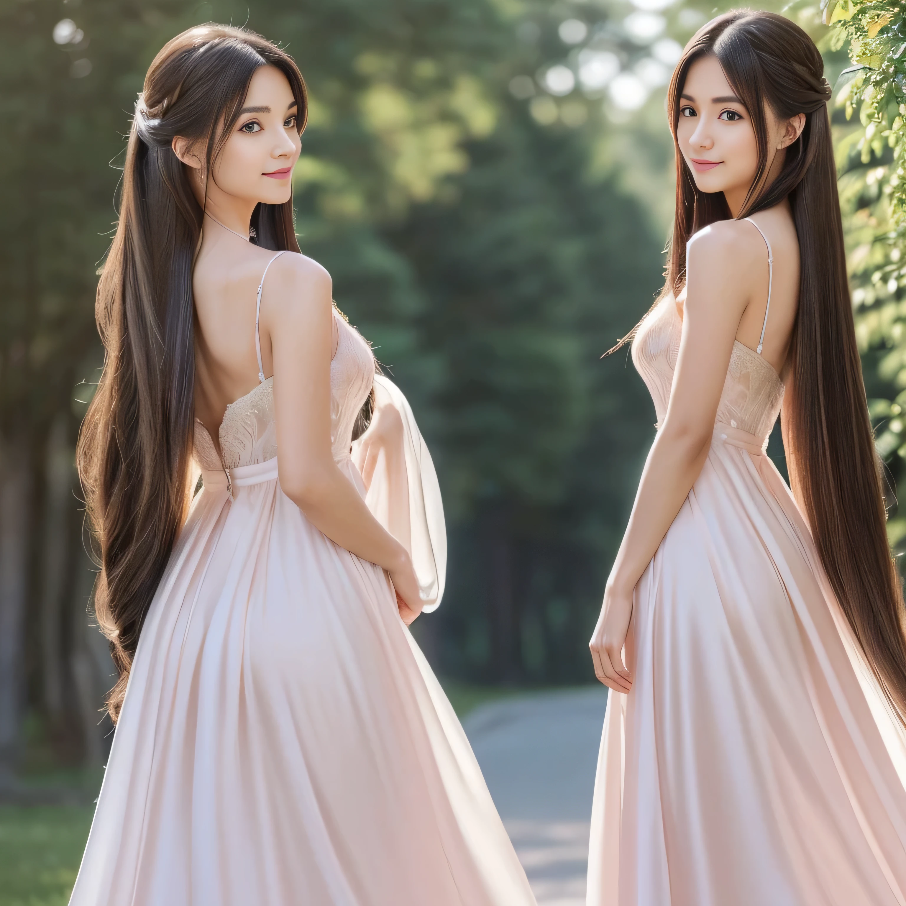 (Photo of twins who look alike, even down to their fingernails Two people standing side by side, smiling at the viewer) (They dressed in beautiful gowns., Fantasy Dress, Magical Dress, soft elegant gown, gown, Elegant and refined, Wearing an elegant dress, Elegant and graceful, Wearing a luxurious dress, Pastel Pink, wearing an evening gown, Beautiful dress:1.5, beautiful gown, Romantic Dress:1.5, beautiful and elegant, So magical and dreamy The bottom of the dress is very wide:2.0) (Knee-length shot of a woman) ((Good posture standing pose Show as much of your back and hair as possible:1.1)) ((Beautiful 24 year old hair model with long light brown hair fell straight down Reaches up to the kneeVery long hair highest quality Highest detail Reaches up to the knee、Very long hair that lasts forever:1.3 Flowing Hair 私ncredibly straight hair Very shiny そして thick hair Abnormally long hair that lasts forever Flowing Hair on both ends long hair up to the knees:1.2 long hair up to the knees:1.2 Thick and shiny hair Very free hair Abnormally long hair!!!!! Beautiful silky hair Beautiful and shiny hair Beautiful and shiny hair Beautiful silky hair Hair that grows to the knees Very very, Very long hair!!!!! Very very, Very long hair!!!!!)) (highest quality The best ultra-fine Reaches up to the knee、Very long hair that lasts forever Flowing Hair Her hair is gently permed Very shiny そして thick hair Abnormally long hair that lasts forever Flowing Hair on both ends long hair up to the knees:1.2 long hair up to the knees:1.2 Thick and shiny hair Very free hair Abnormally long hair!!!!! Beautiful silky hair Super long hair down to the knees Beautiful and shiny hair Beautiful and shiny hair Beautiful silky hair Hair that grows to the knees Very very, Very long hair!!!!! Very very, Very long hair!!!!!)) (Her bangs are perfect.:1.3) ((Her hair color is light brown:1.5)) (Pure white wall background:1.8 Pure White Sofa) (Japan'The sexiest and most beautiful 24 year old model) ((highest quality)), ((masterpiece)), (Familiar) (Get used to it) Perfect Face (Her skin is a typical Japanese skin color.. And very detailed) (Big Breasts:1.3) (She is wearing a shiny white camisole.) (She has a beautiful face and a typical Japanese figure...., Narrow eyes) (She has perfect 美しい and sexy makeup and face Lipstick is light red A solid eyeliner) ((Rich 1.4)) (Extremely detailed 8K) (Ultra-fine skin texture 1.4) (Actual, Vibrant:1.4), double eyelid Sharp focus:1.2、Beautiful woman:1.4 Dynamic Lighting (Genuine RAW photos taken by professional photographers) Professional Hair Shine (Her face is slim and dignified.., length, Narrow eyes..々Nice face)